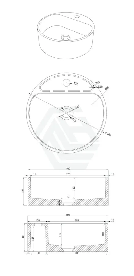400x400x140mm Round Above Counter Concrete Basin Burberry Stone Pop Up Waste Included