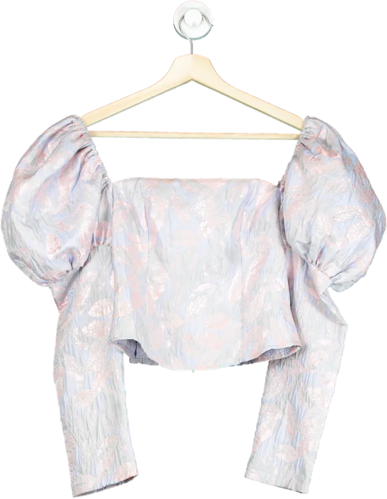ab’itu Pink and Blue Brocade Puff Sleeve Blouse UK S