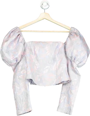 ab’itu Pink and Blue Brocade Puff Sleeve Blouse UK S