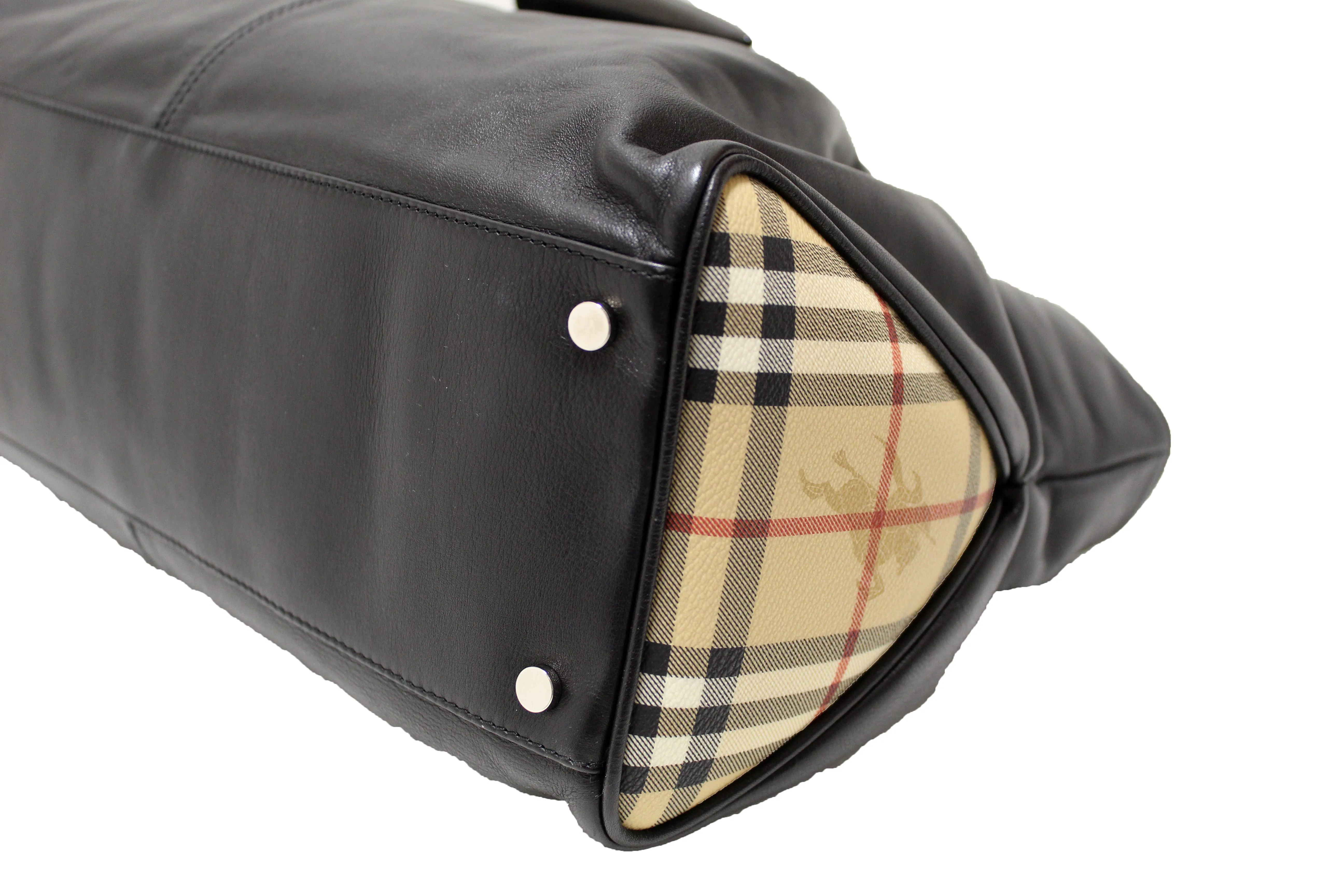 Authentic Burberry Black Haymarket Leather Horn Toggle Tote