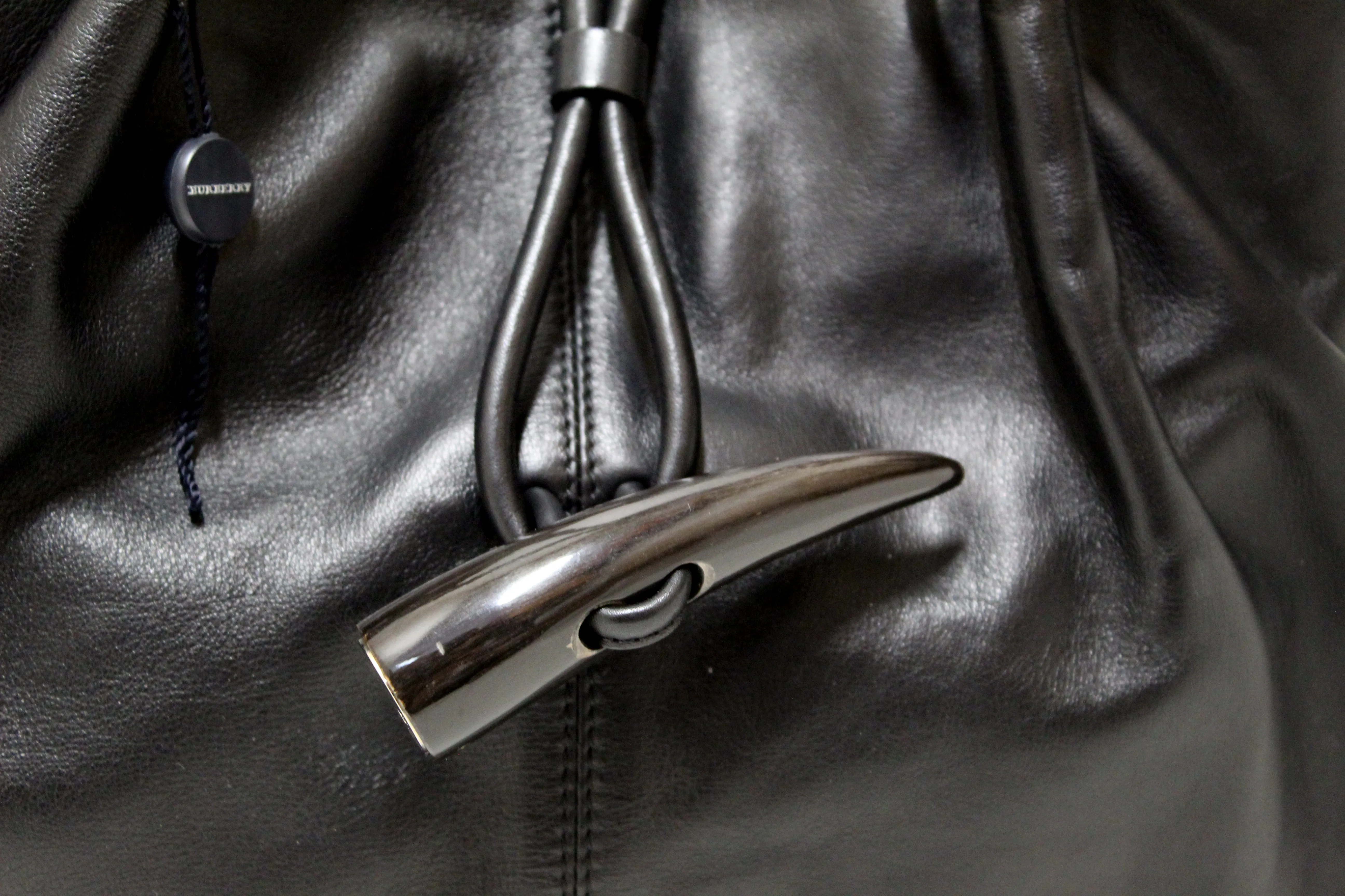Authentic Burberry Black Haymarket Leather Horn Toggle Tote