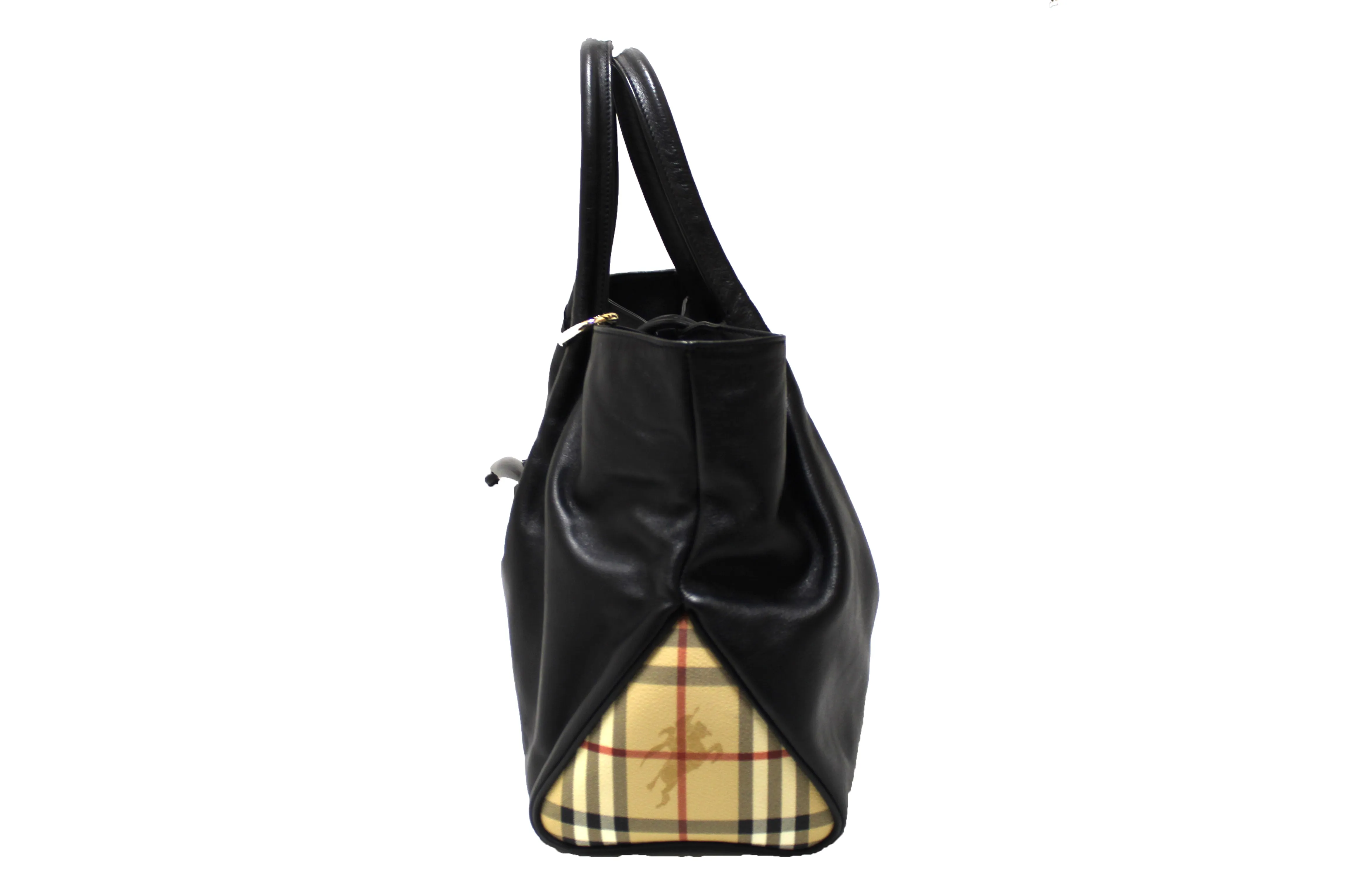 Authentic Burberry Black Haymarket Leather Horn Toggle Tote
