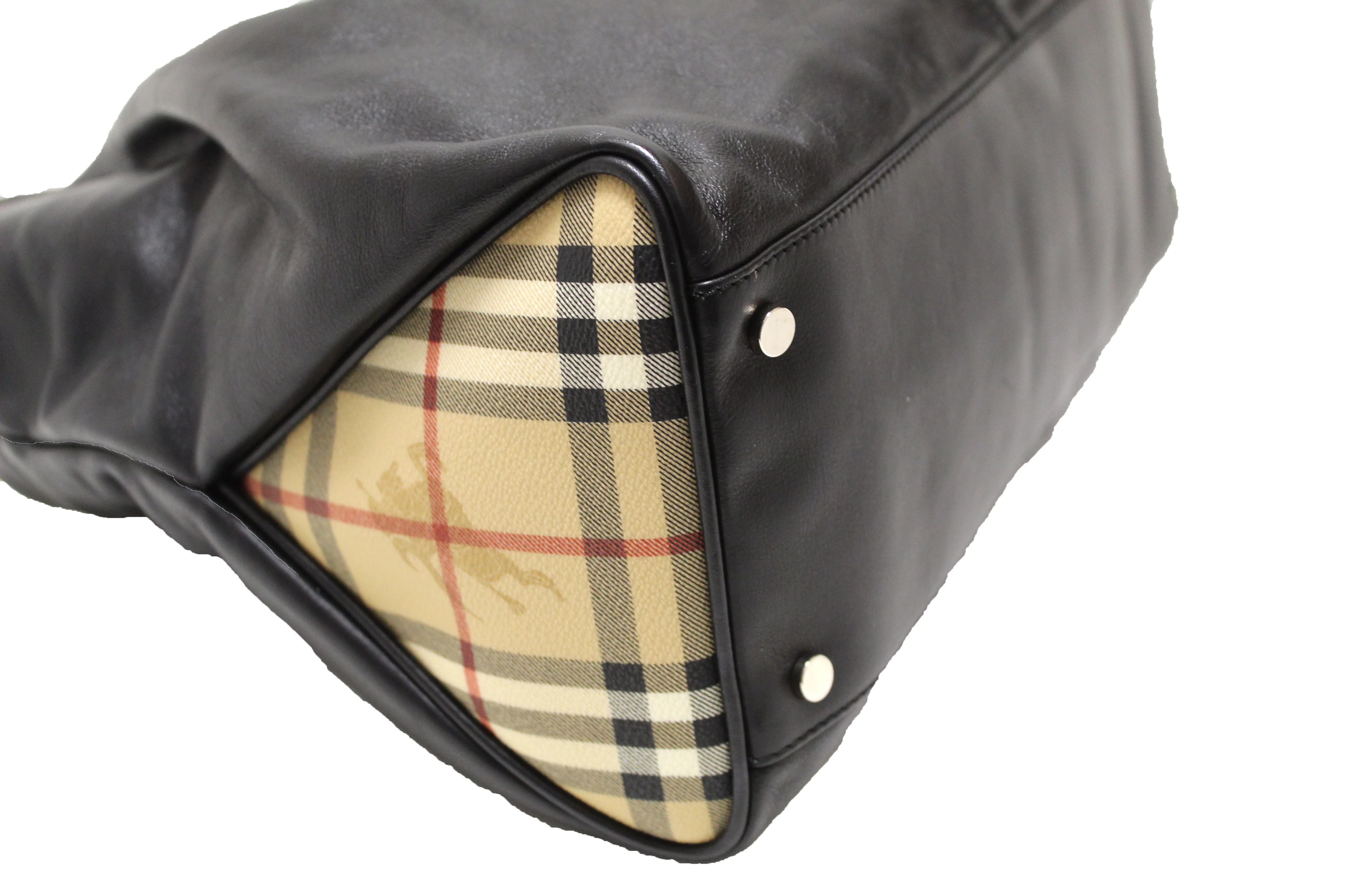 Authentic Burberry Black Haymarket Leather Horn Toggle Tote