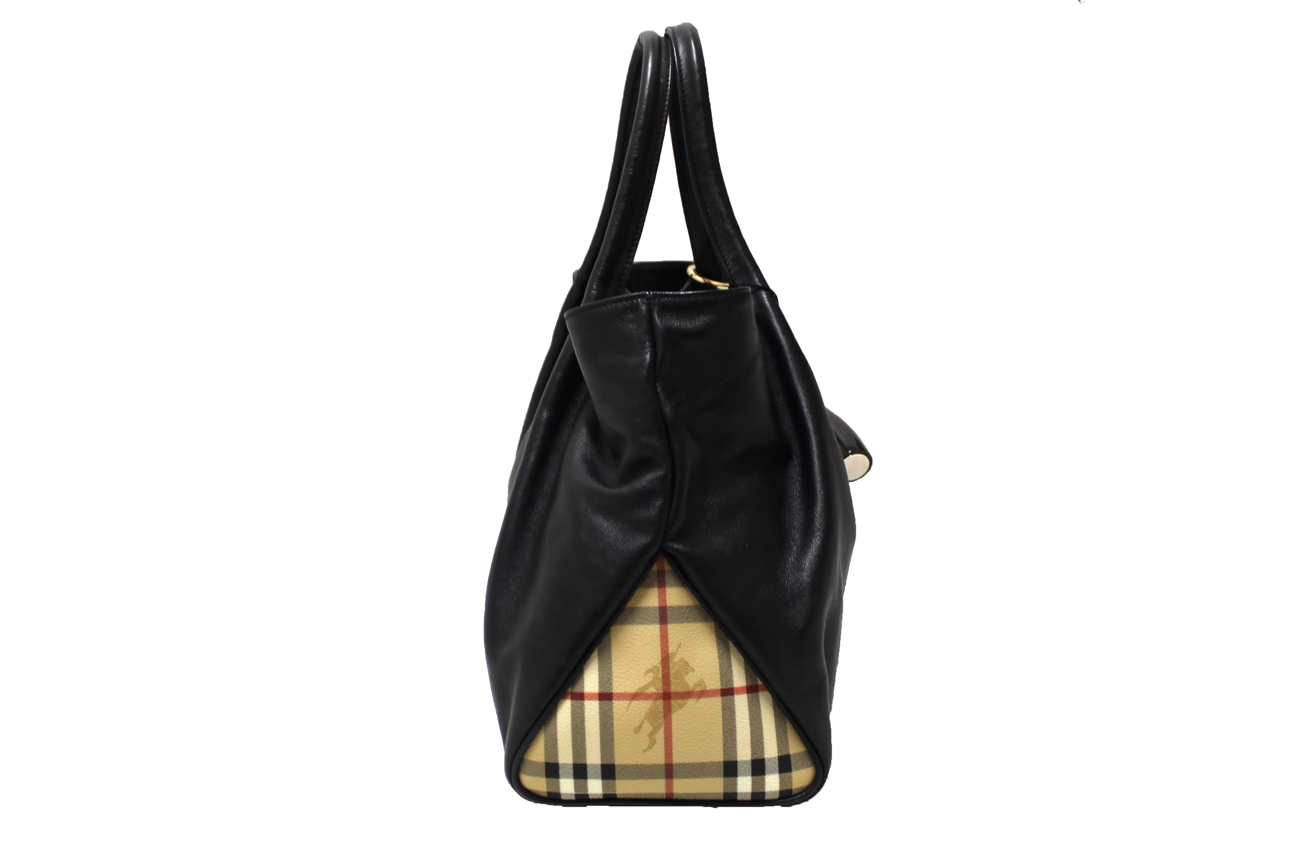 Authentic Burberry Black Haymarket Leather Horn Toggle Tote