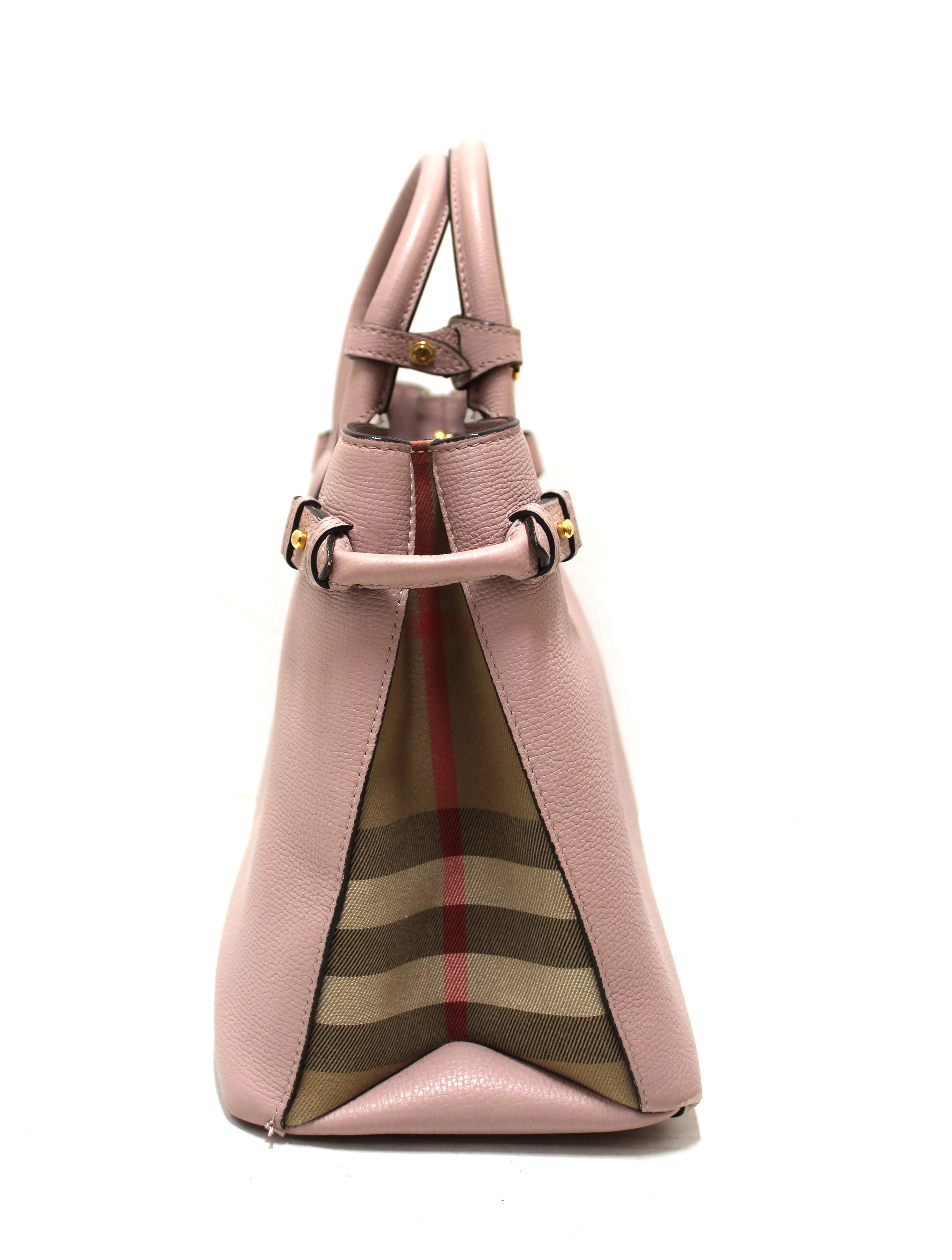 Authentic Burberry Powder Pink Leather and House Check Fabric Medium Banner Tote Bag