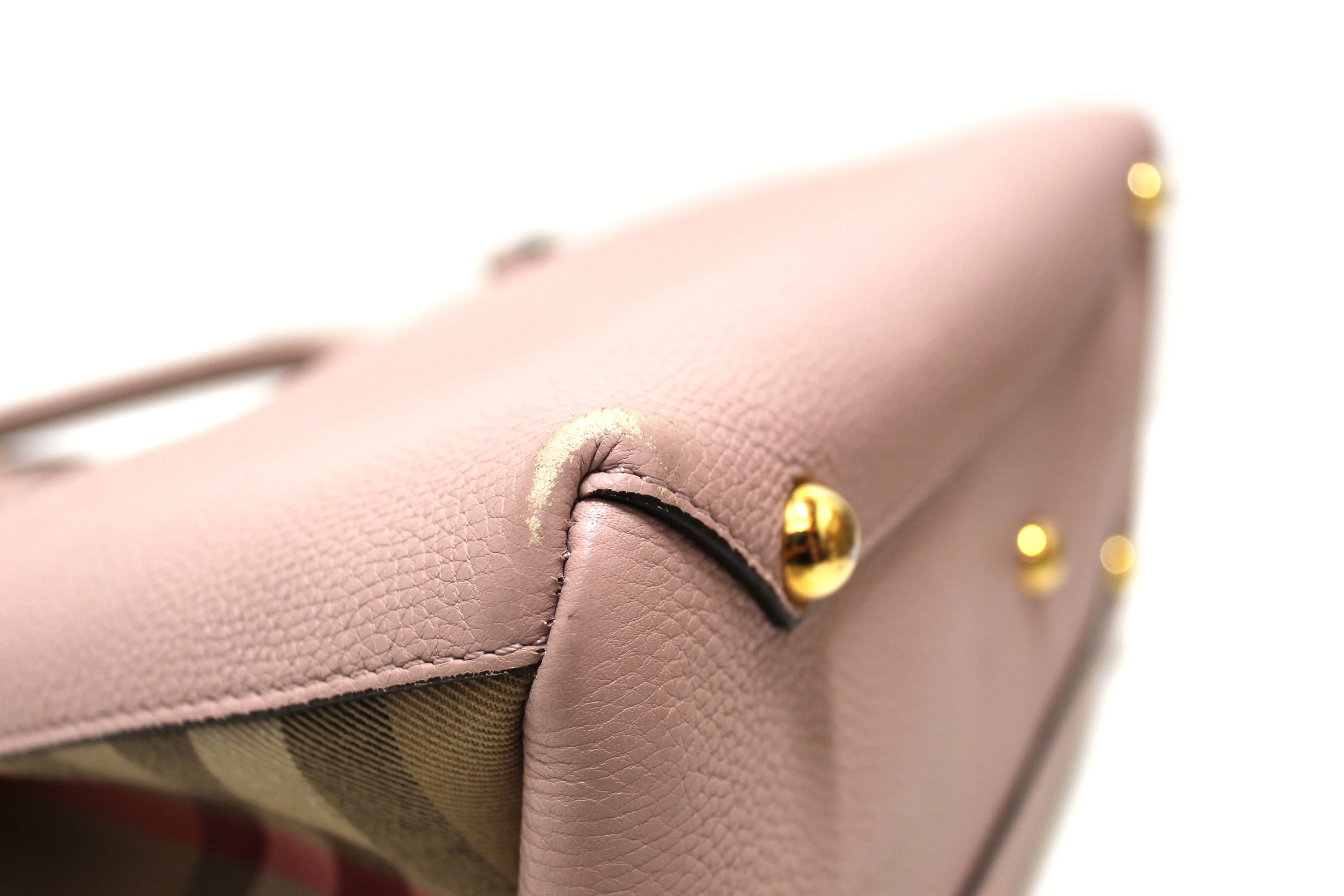 Authentic Burberry Powder Pink Leather and House Check Fabric Medium Banner Tote Bag