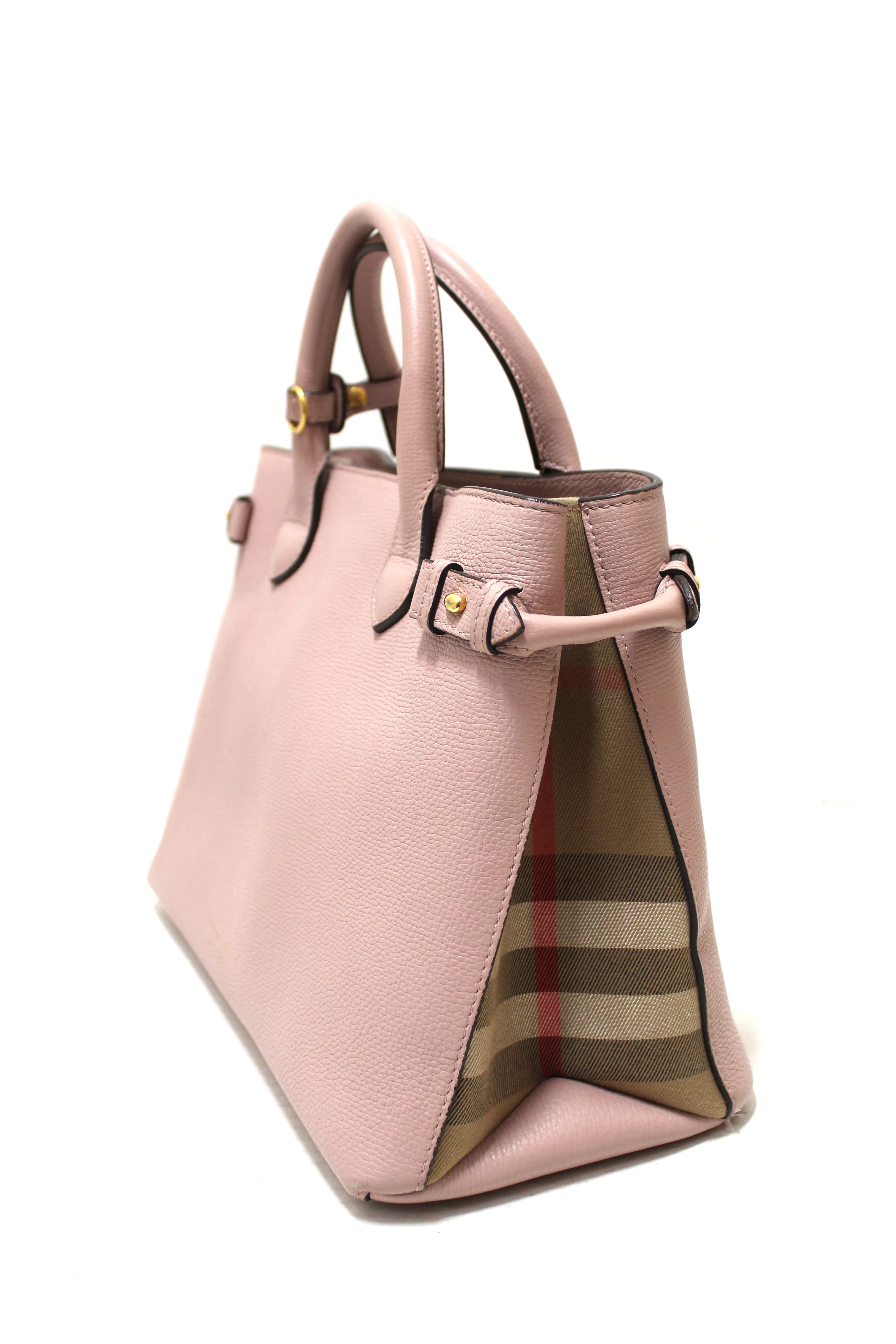 Authentic Burberry Powder Pink Leather and House Check Fabric Medium Banner Tote Bag