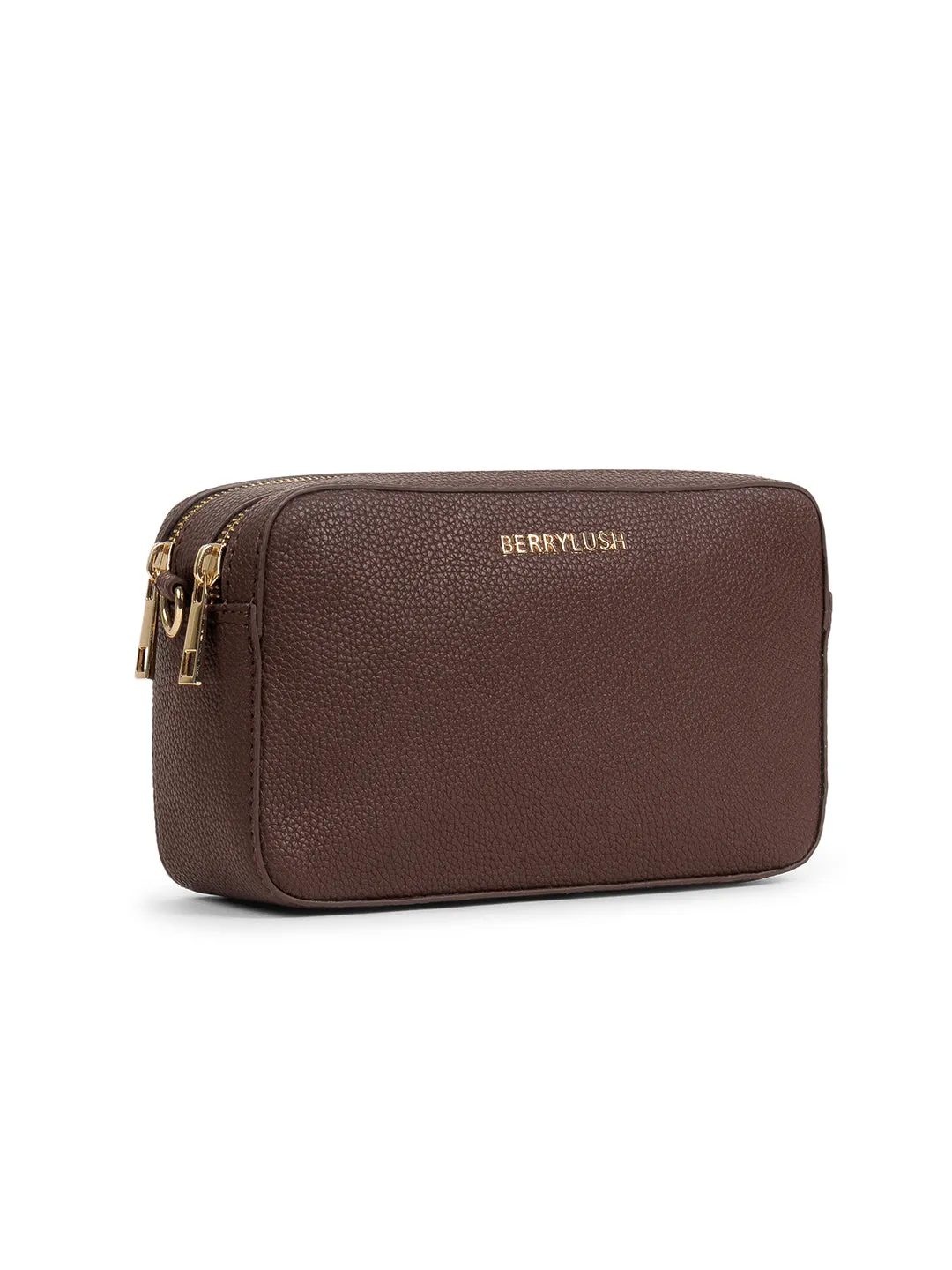 Berrylush Women Brown Textured Pattern Synthetic Leather Detachable Strap Logo Embellished Sling Bag