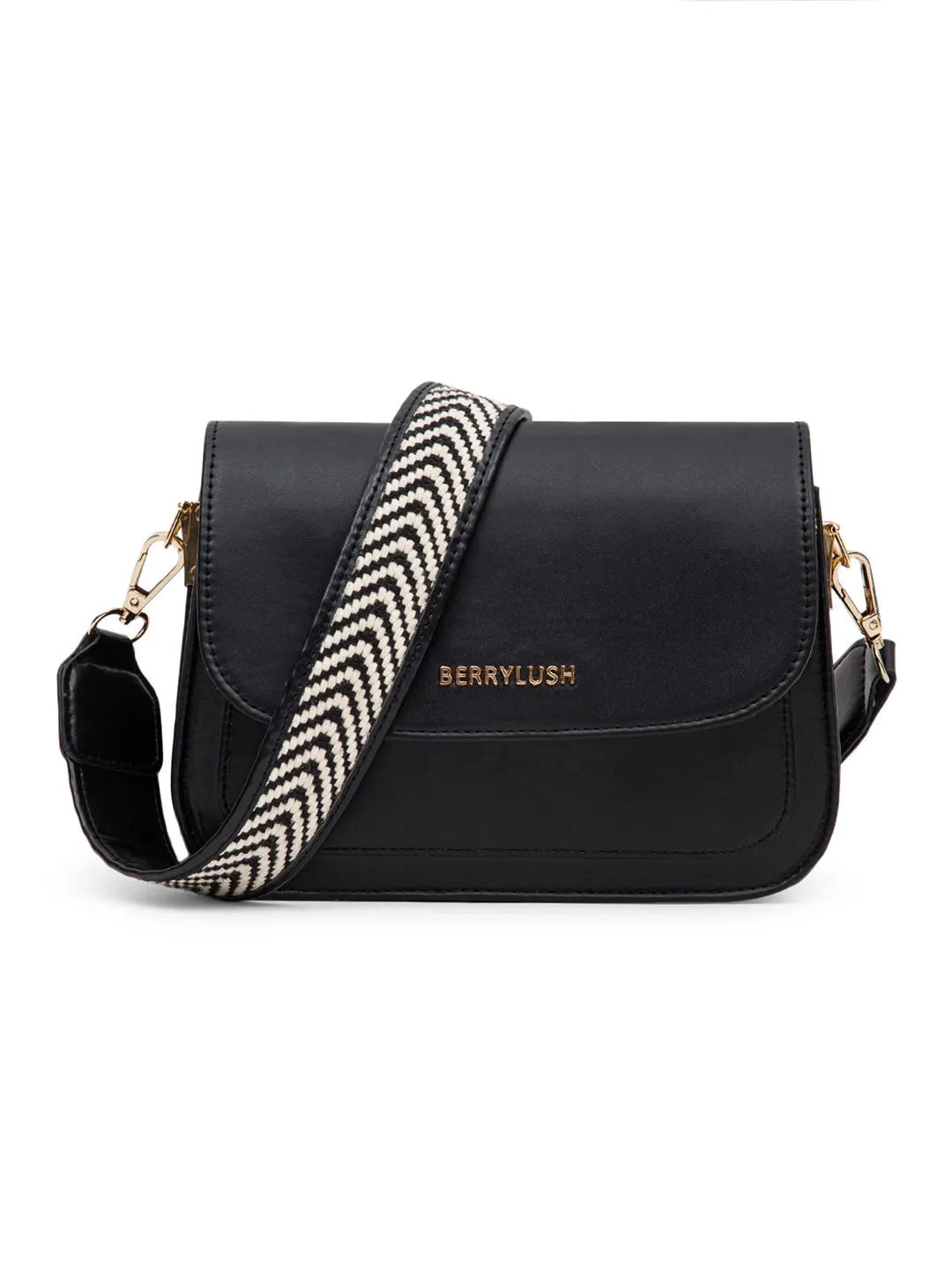 Berrylush Women Solid Black PU Detachable Sling Strap Arrow Striped Pattern Structured Regular Sling Bag