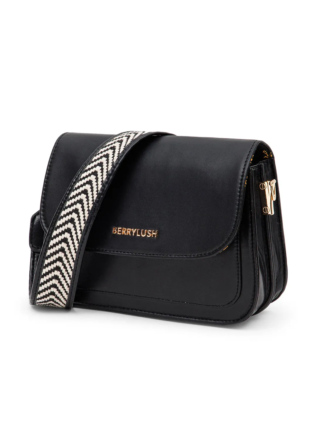 Berrylush Women Solid Black PU Detachable Sling Strap Arrow Striped Pattern Structured Regular Sling Bag