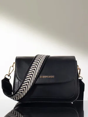 Berrylush Women Solid Black PU Detachable Sling Strap Arrow Striped Pattern Structured Regular Sling Bag