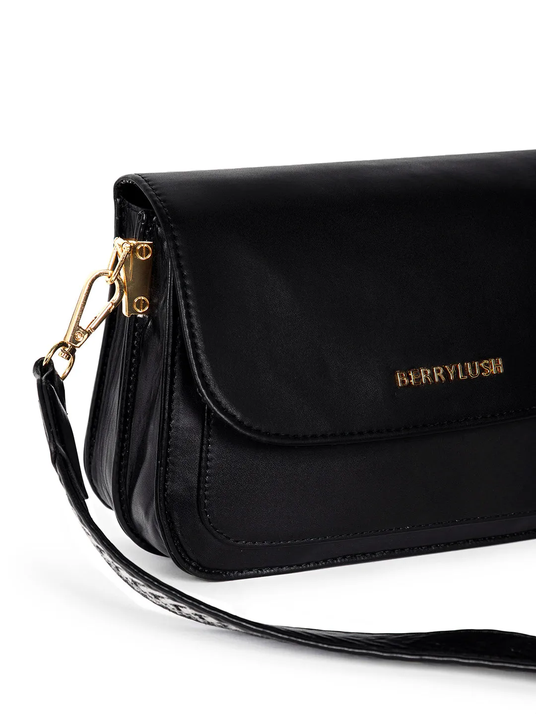 Berrylush Women Solid Black PU Detachable Sling Strap Arrow Striped Pattern Structured Regular Sling Bag