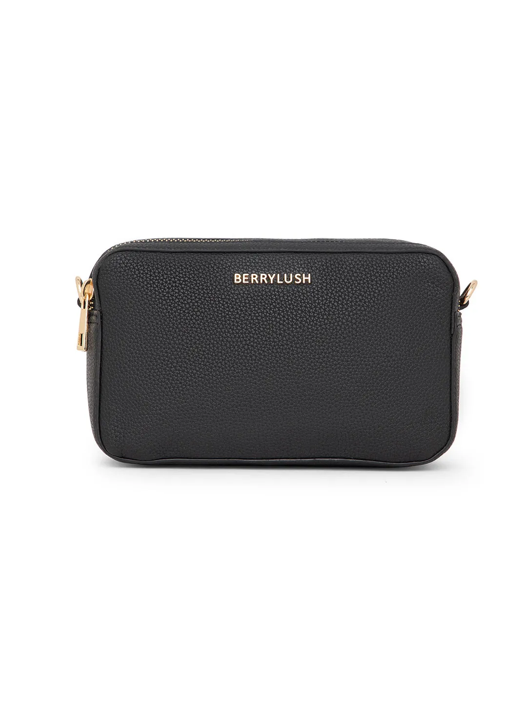 Berrylush Women Solid Black Synthetic Leather Detachable Strap Embellished Regular Sling Bag