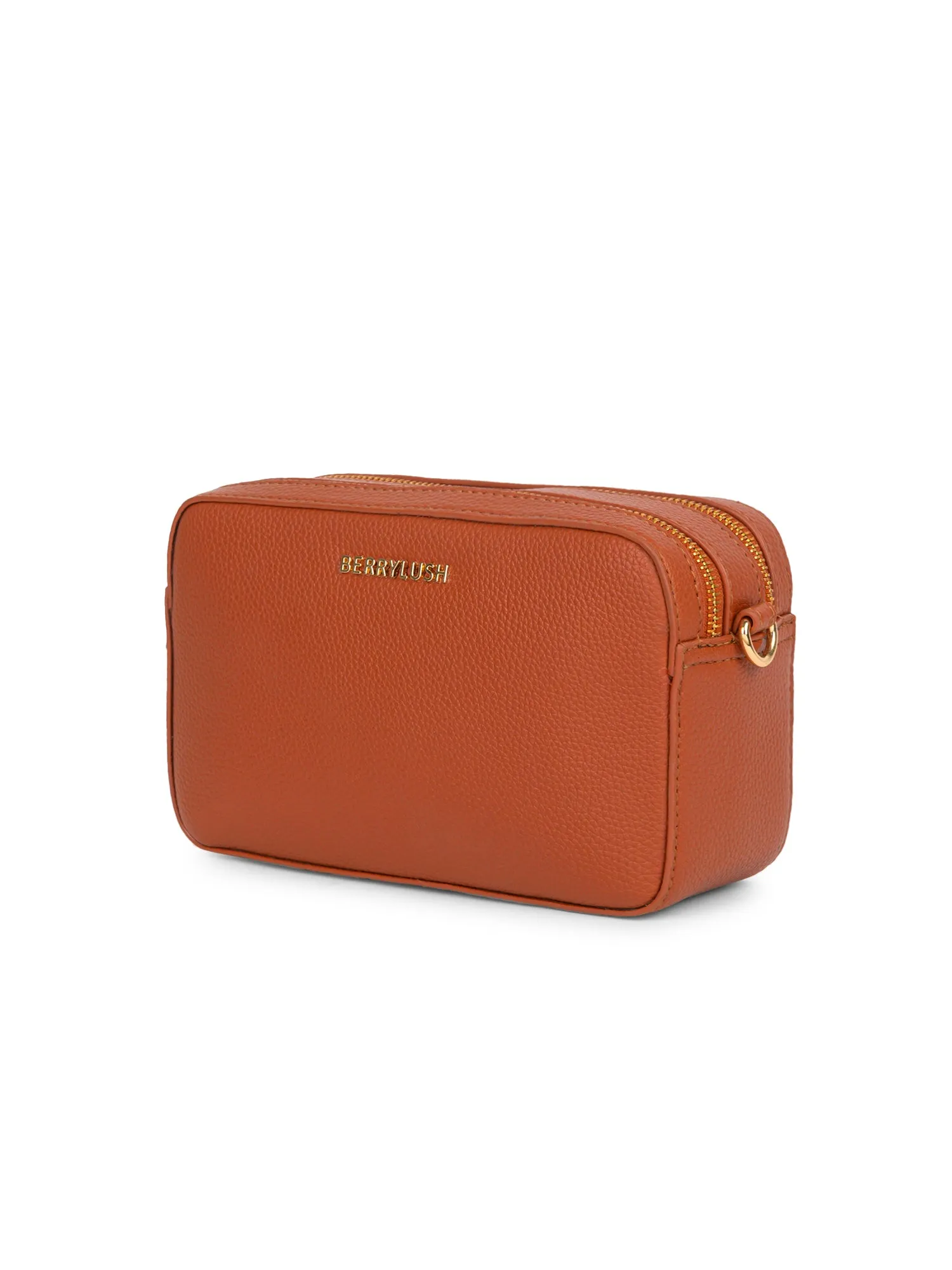 Berrylush Women Tan Textured Pattern Synthetic Leather Detachable Strap Logo Embellished Sling Bag