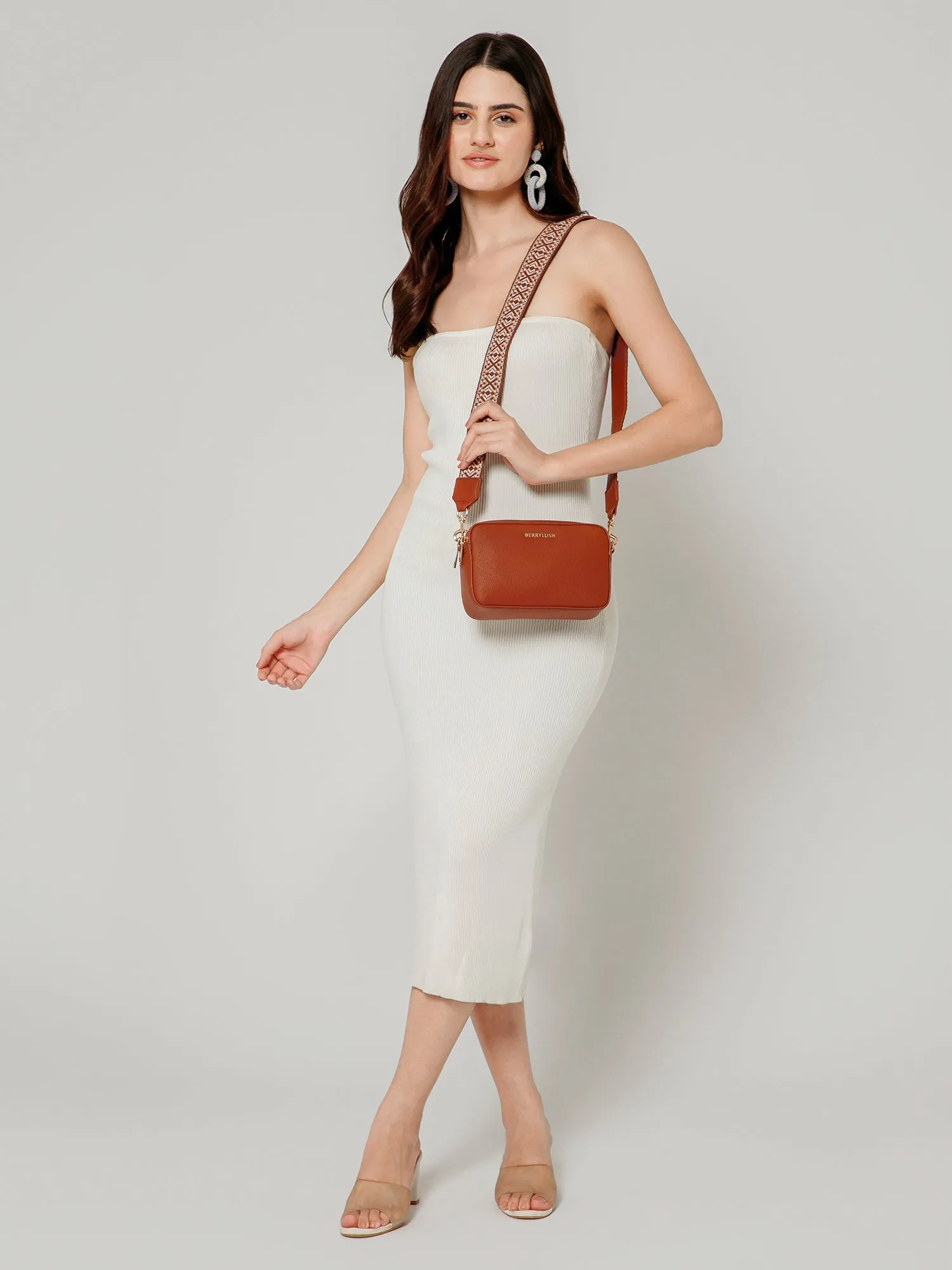 Berrylush Women Tan Textured Pattern Synthetic Leather Detachable Strap Logo Embellished Sling Bag