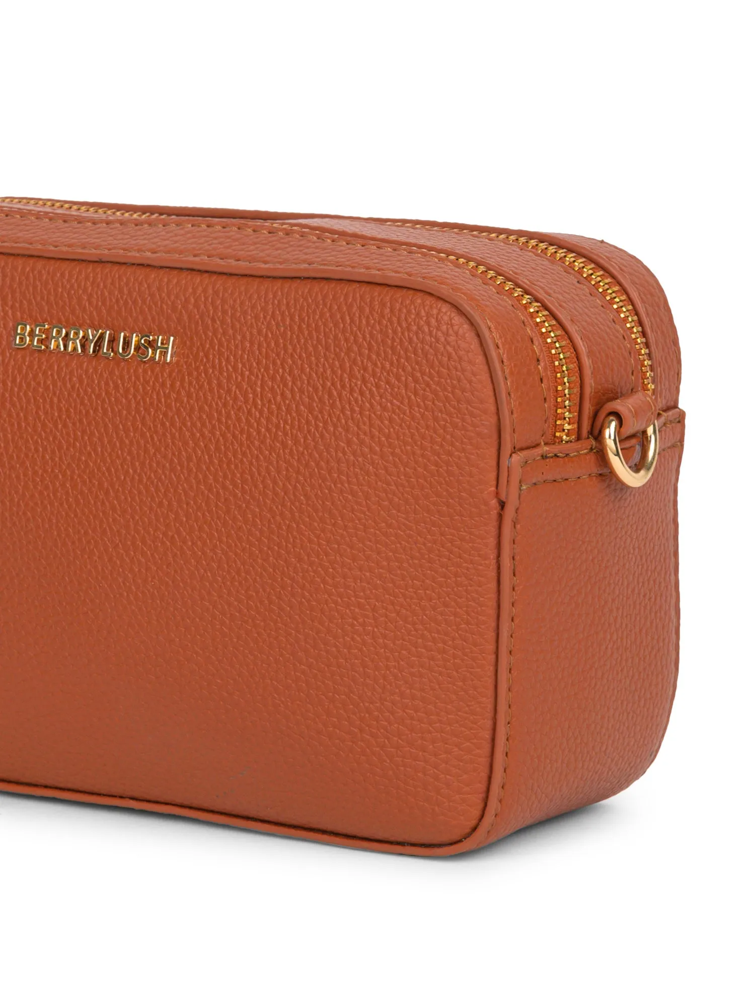 Berrylush Women Tan Textured Pattern Synthetic Leather Detachable Strap Logo Embellished Sling Bag