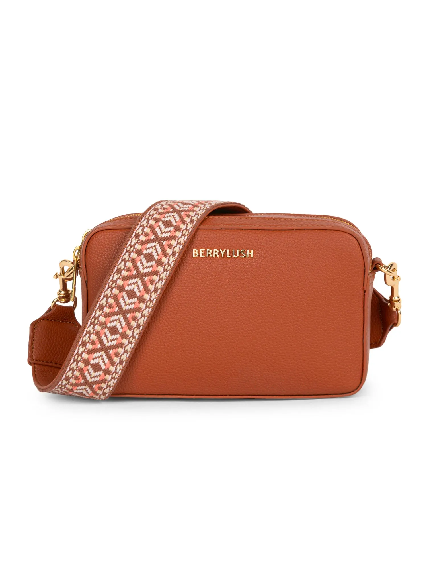Berrylush Women Tan Textured Pattern Synthetic Leather Detachable Strap Logo Embellished Sling Bag