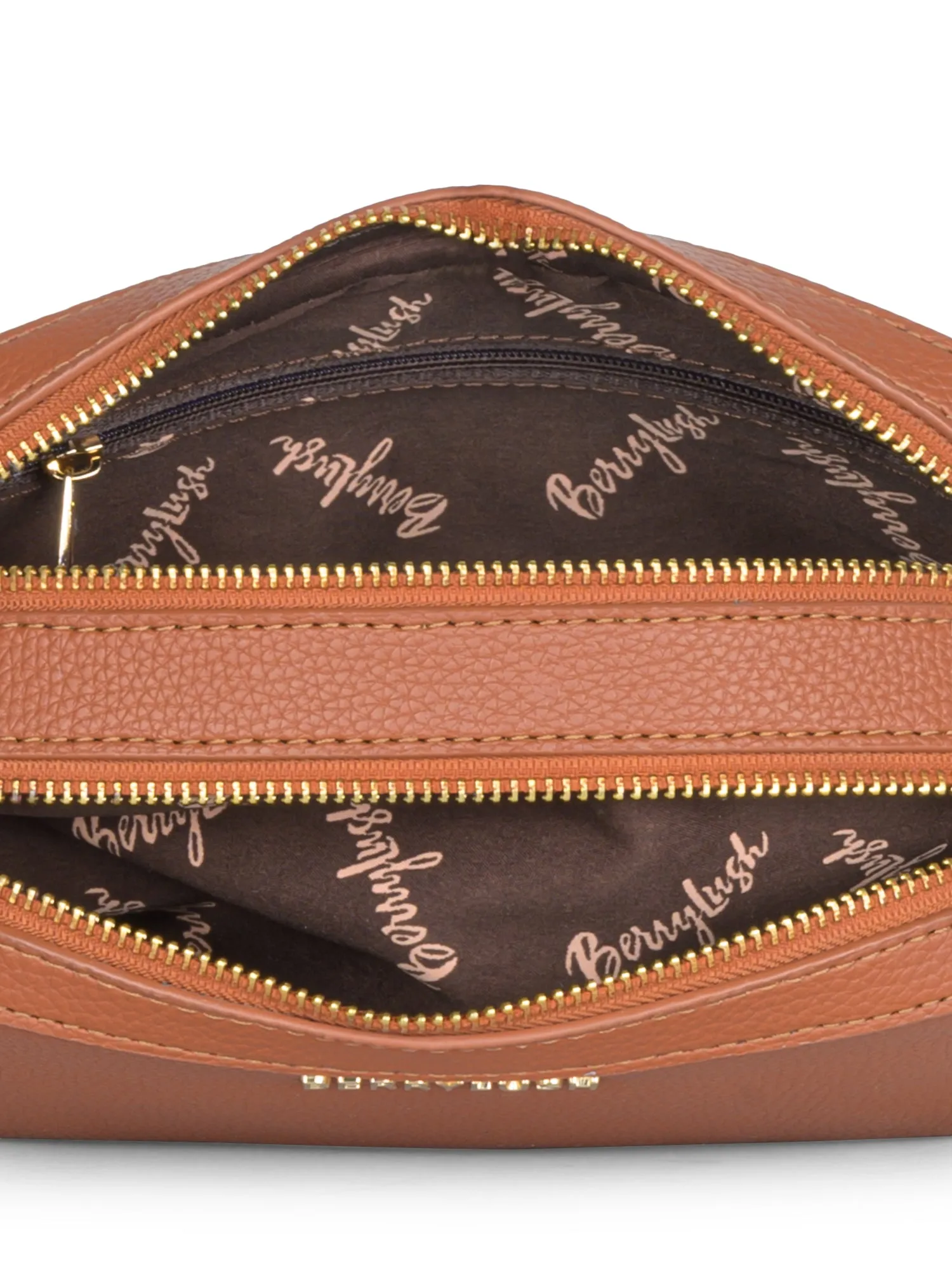 Berrylush Women Tan Textured Pattern Synthetic Leather Detachable Strap Logo Embellished Sling Bag
