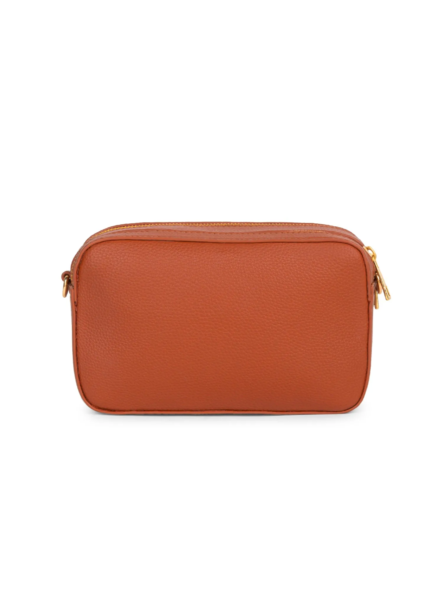 Berrylush Women Tan Textured Pattern Synthetic Leather Detachable Strap Logo Embellished Sling Bag