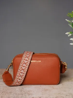 Berrylush Women Tan Textured Pattern Synthetic Leather Detachable Strap Logo Embellished Sling Bag
