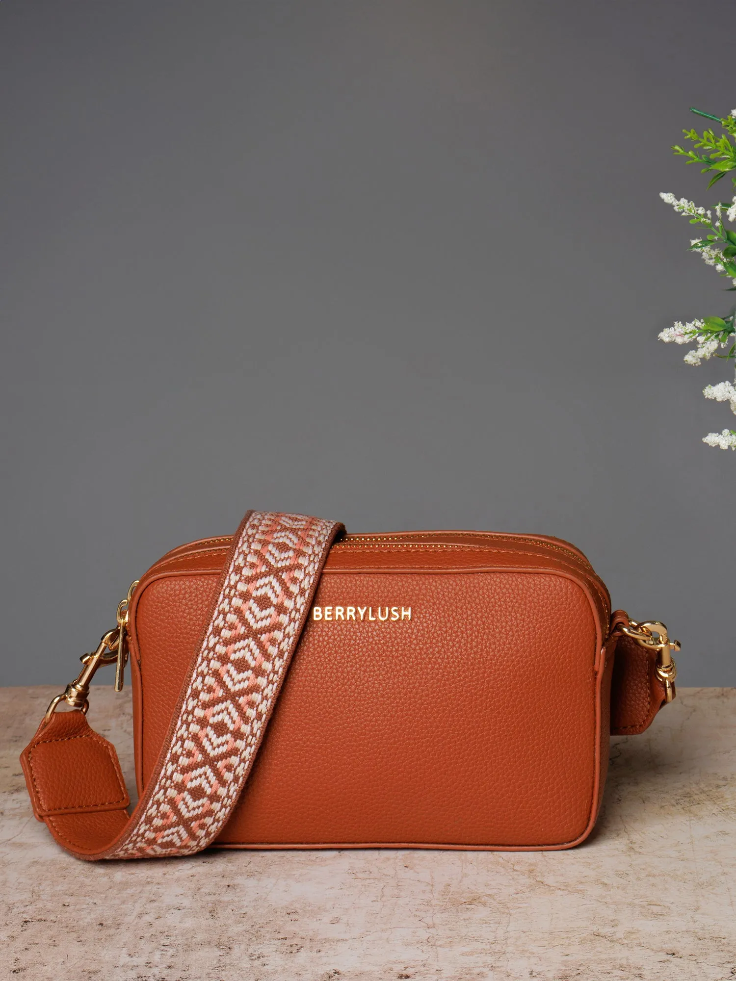Berrylush Women Tan Textured Pattern Synthetic Leather Detachable Strap Logo Embellished Sling Bag