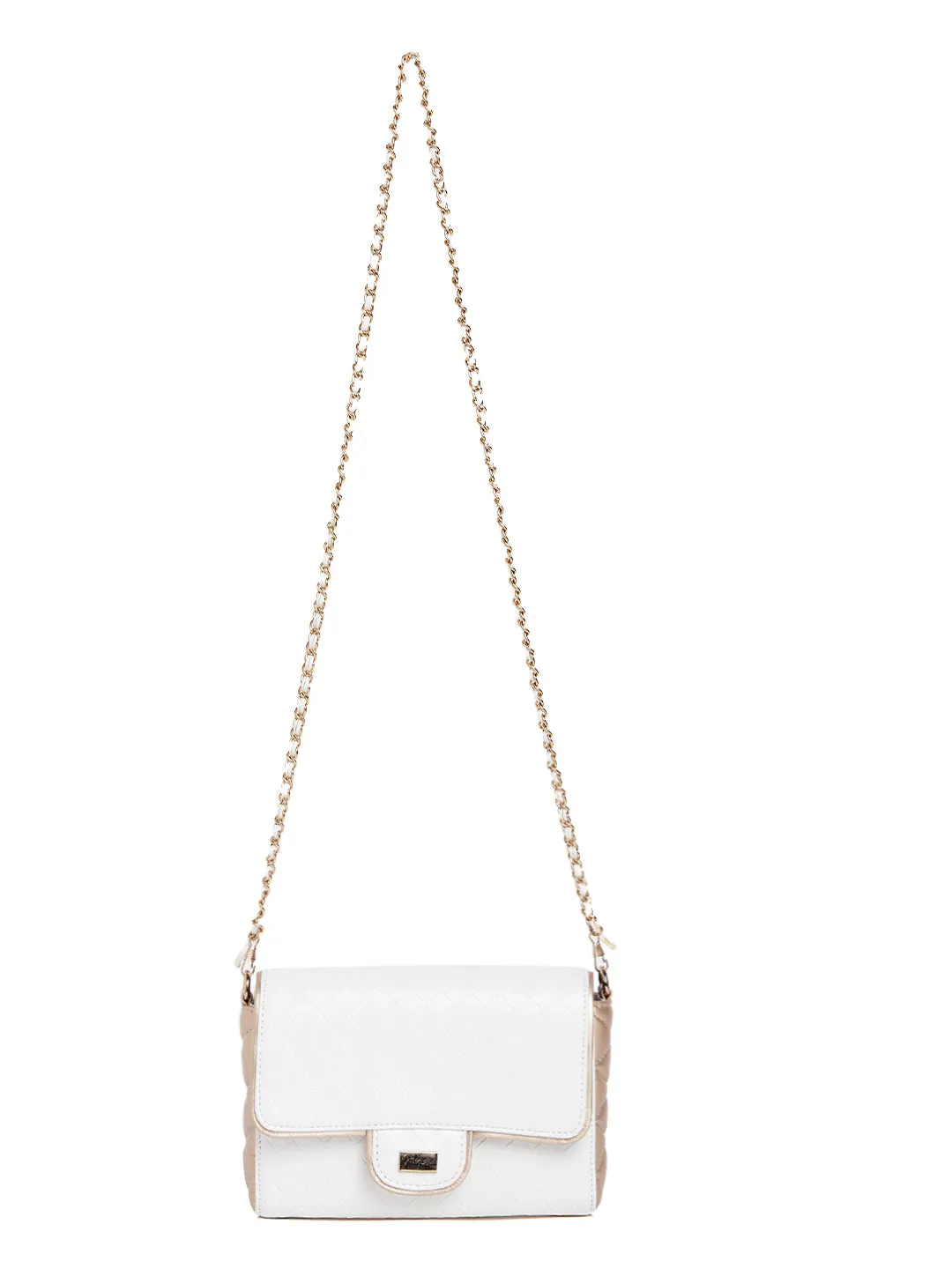 Berrylush Women White & Gold Textured Pattern Synthetic Leather Button Sling Bag