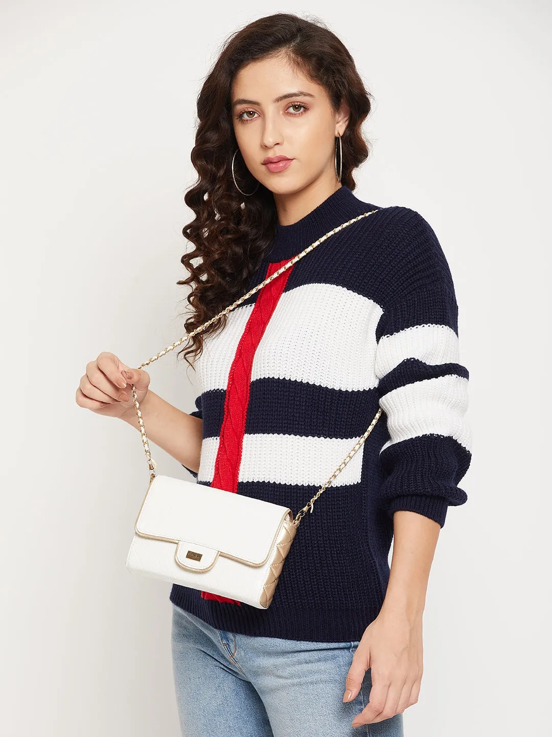 Berrylush Women White & Gold Textured Pattern Synthetic Leather Button Sling Bag