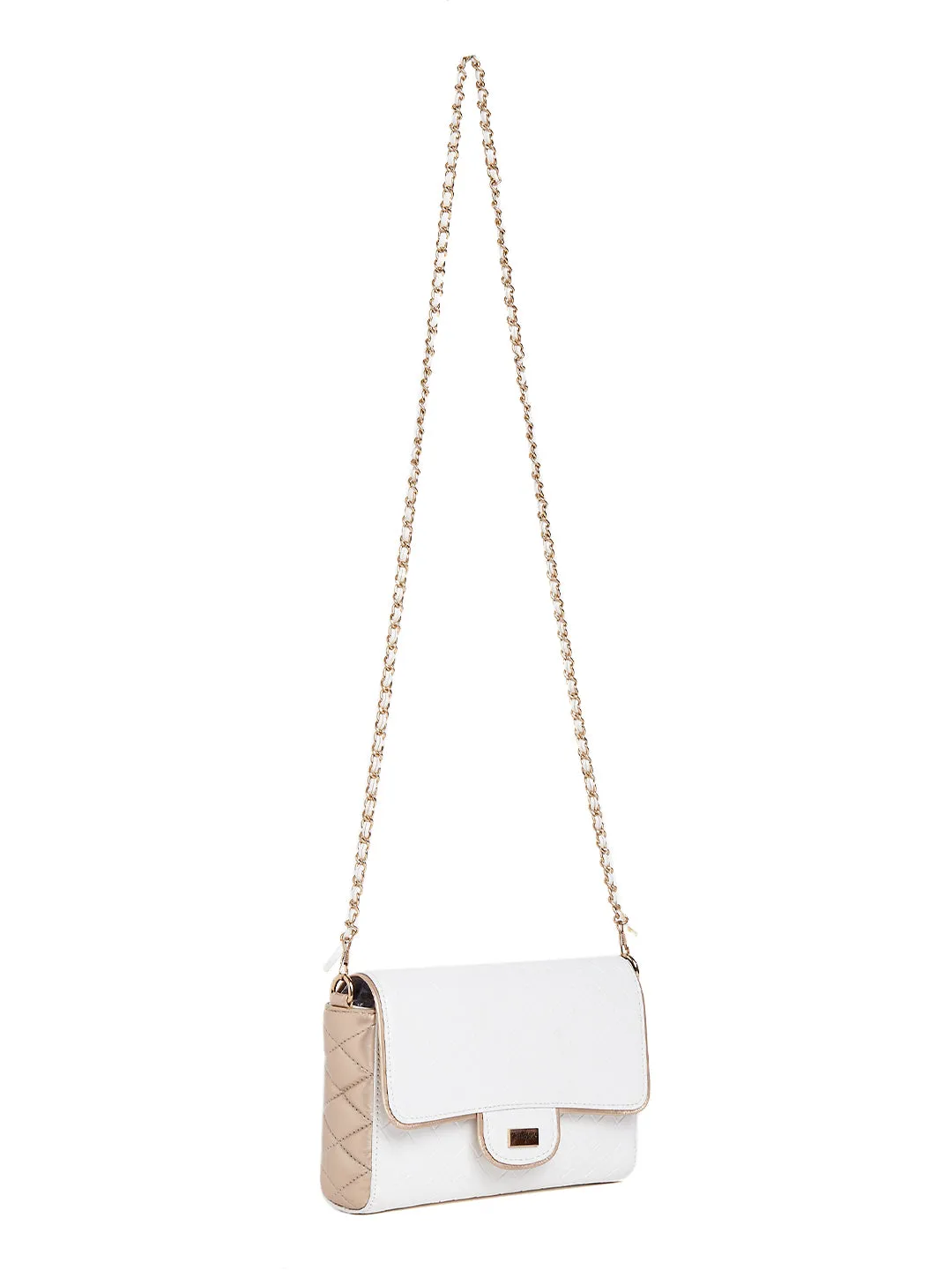 Berrylush Women White & Gold Textured Pattern Synthetic Leather Button Sling Bag