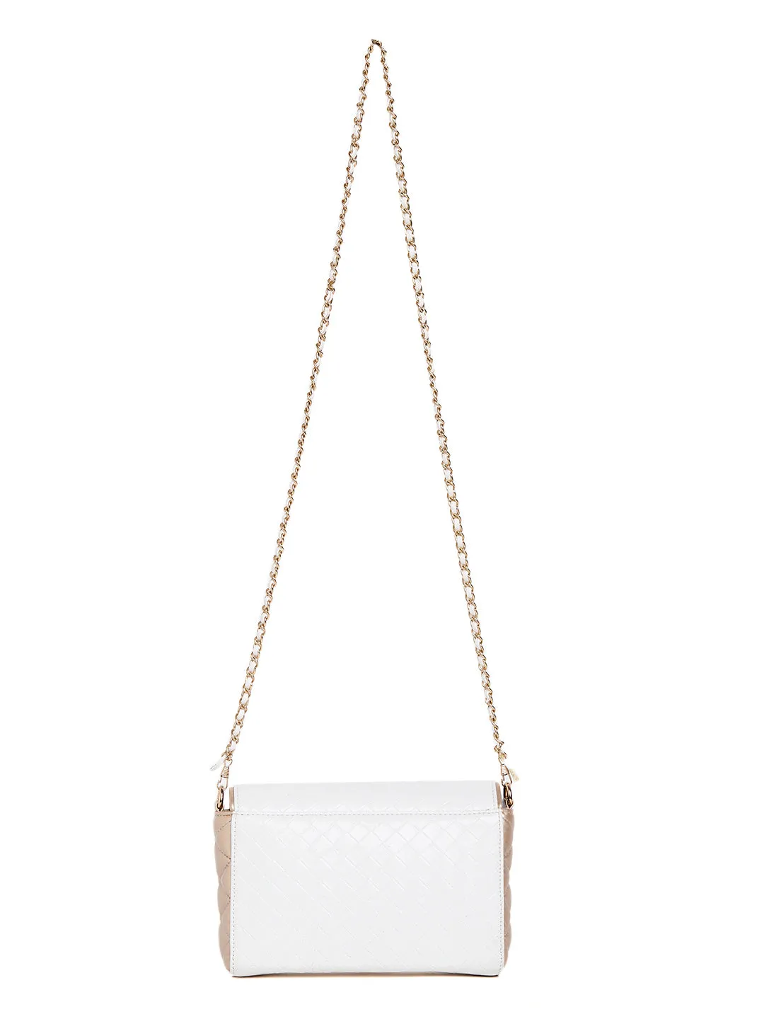 Berrylush Women White & Gold Textured Pattern Synthetic Leather Button Sling Bag