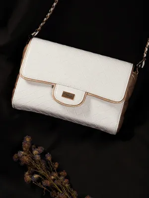 Berrylush Women White & Gold Textured Pattern Synthetic Leather Button Sling Bag