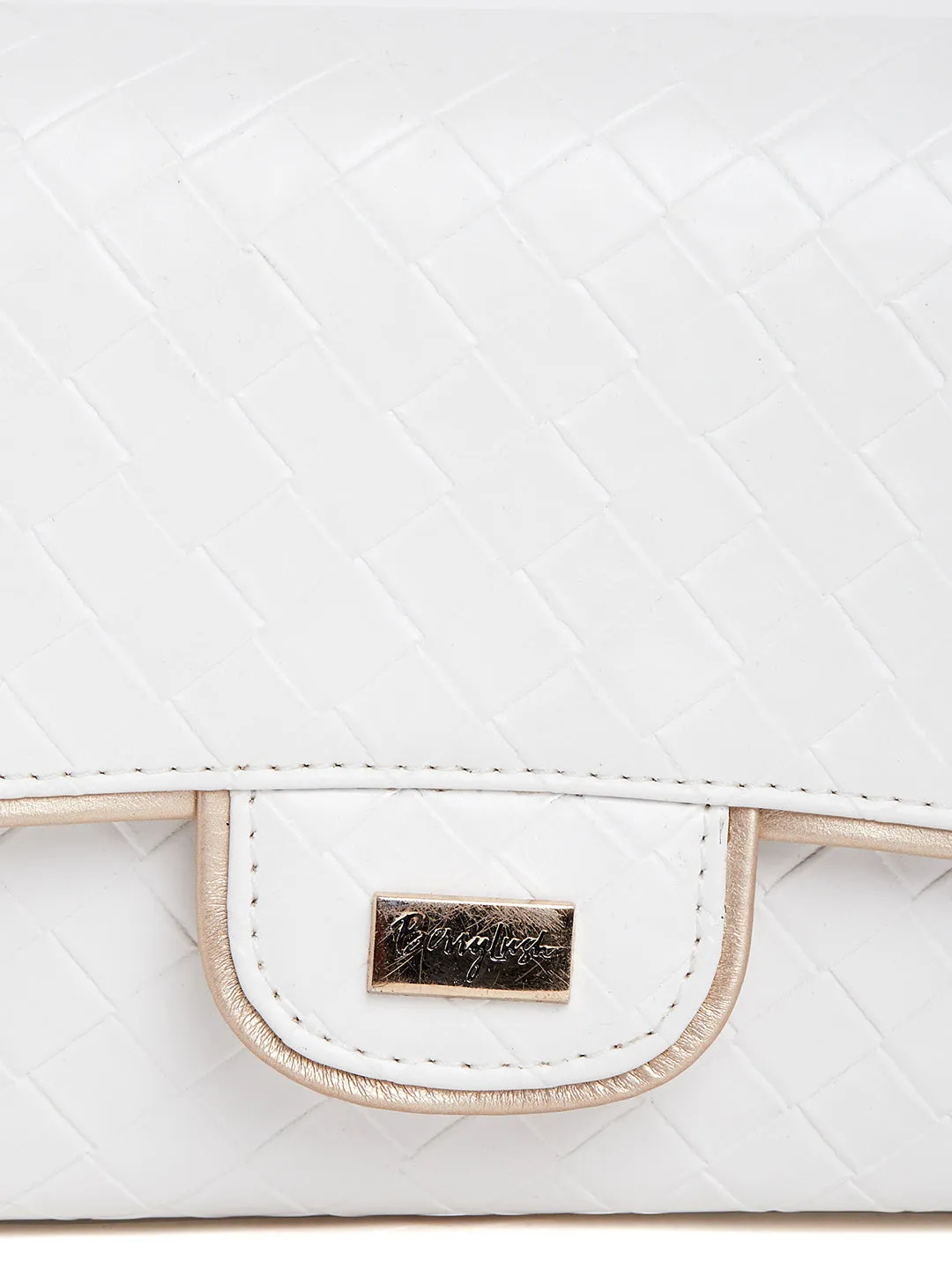 Berrylush Women White & Gold Textured Pattern Synthetic Leather Button Sling Bag