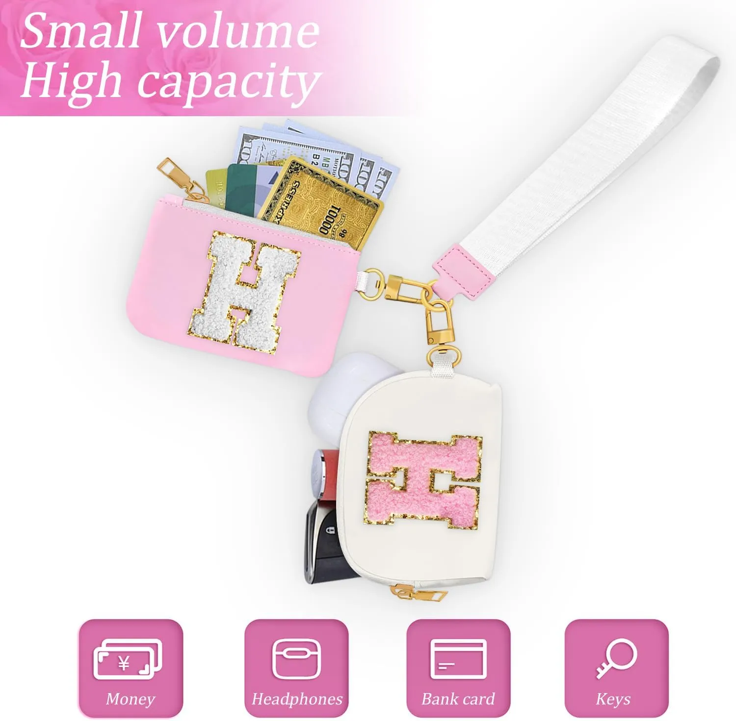 Birthday Gifts for Girls, Teen Girl Gifts Trendy Stuff,Initial Wristlet Wallets for Women, dual Pouch Wristlet Cute Stuff for Girls Women Teen Gift mini coin purse (M, Pink Beige)
