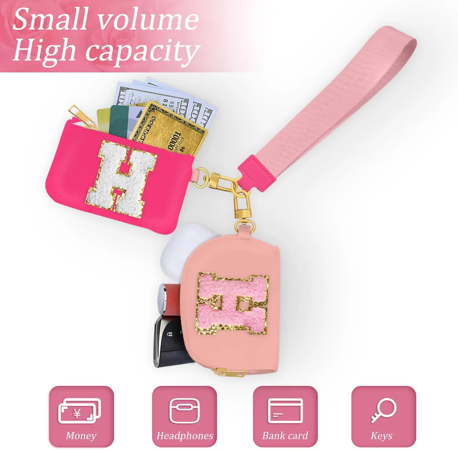 Birthday Gifts for Girls, Teen Girl Gifts Trendy Stuff,Initial Wristlet Wallets for Women, dual Pouch Wristlet Cute Stuff for Girls Women Teen Gift mini coin purse (M, Rose Pink)
