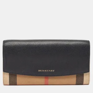 Black/Beige House Check Canvas and Leather Flap Continental Wallet