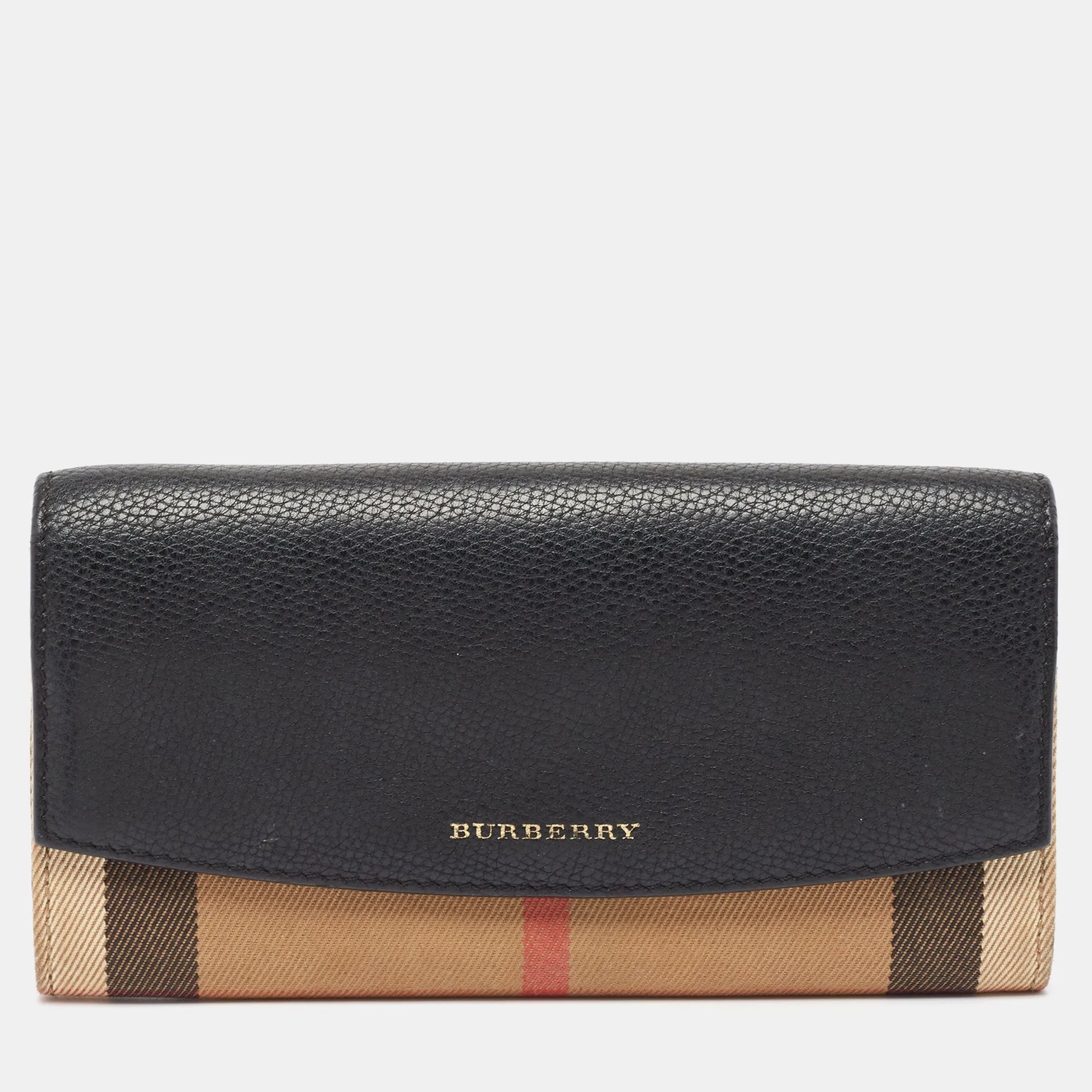 Black/Beige House Check Canvas and Leather Flap Continental Wallet