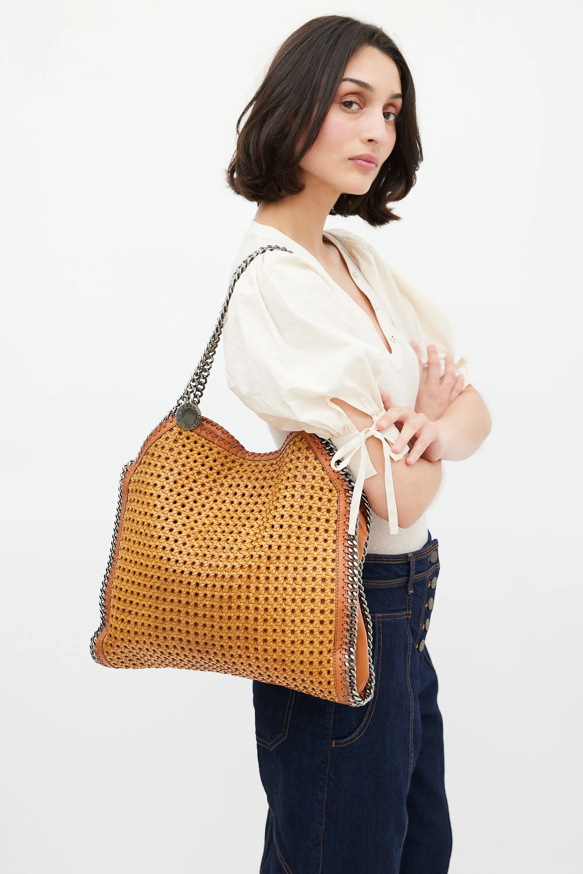Brown Faux Leather Woven Falabella Tote Bag