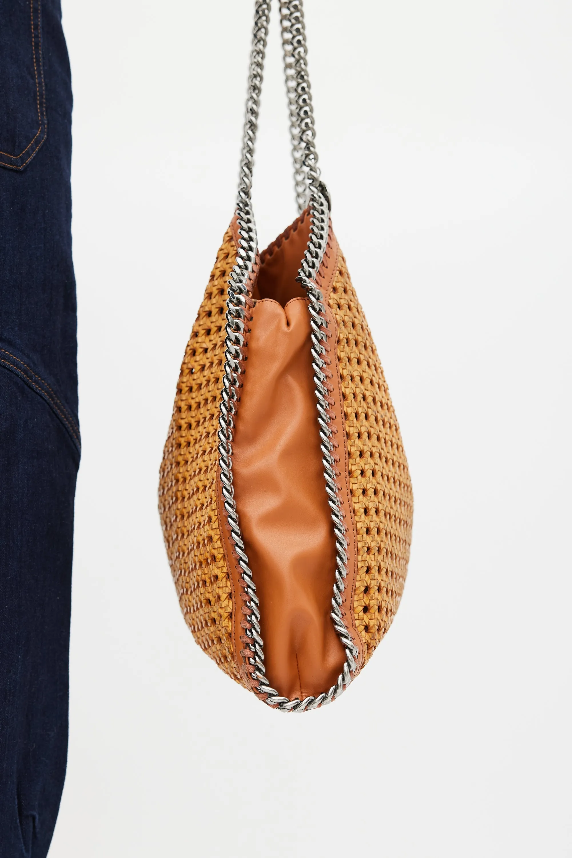 Brown Faux Leather Woven Falabella Tote Bag
