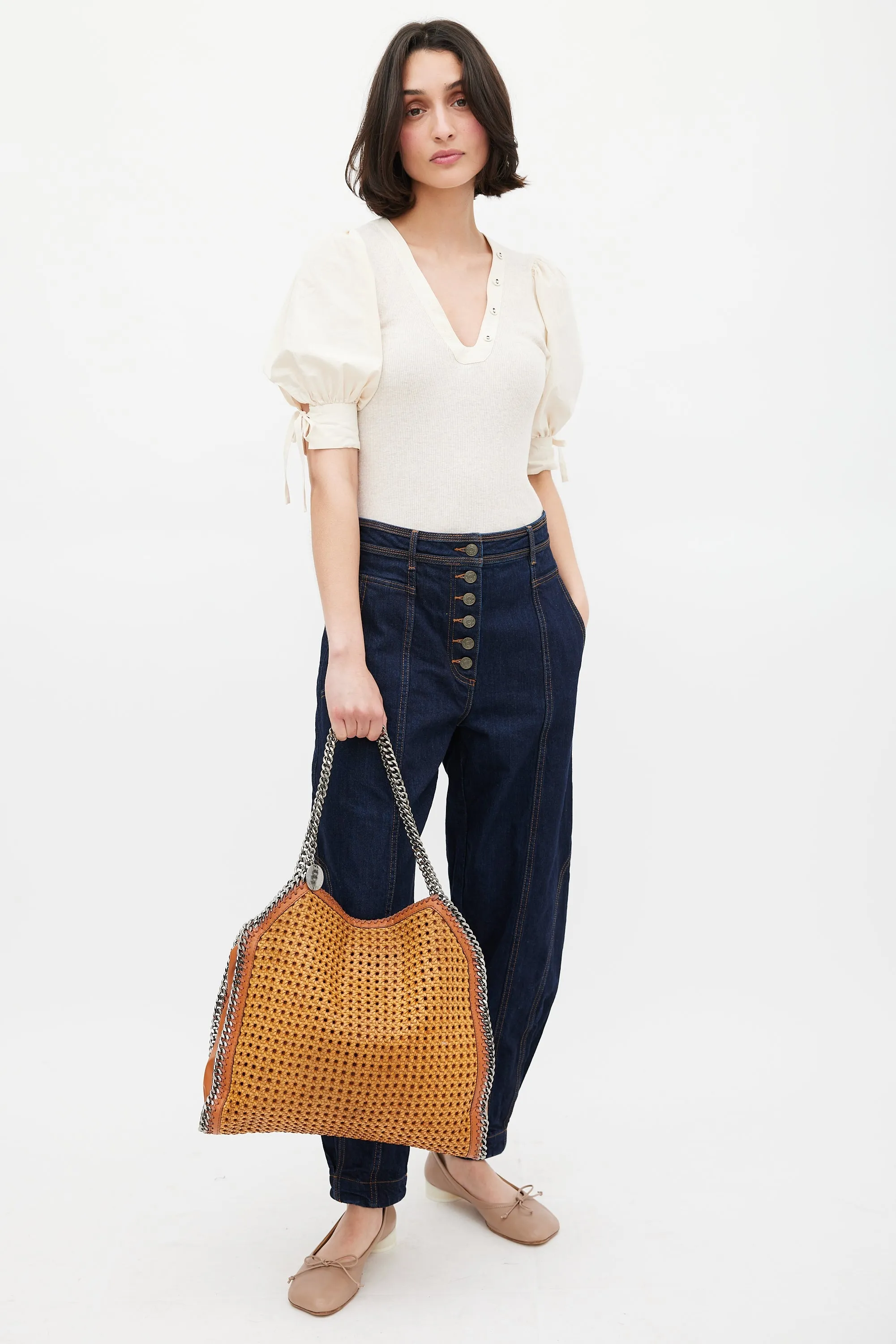 Brown Faux Leather Woven Falabella Tote Bag