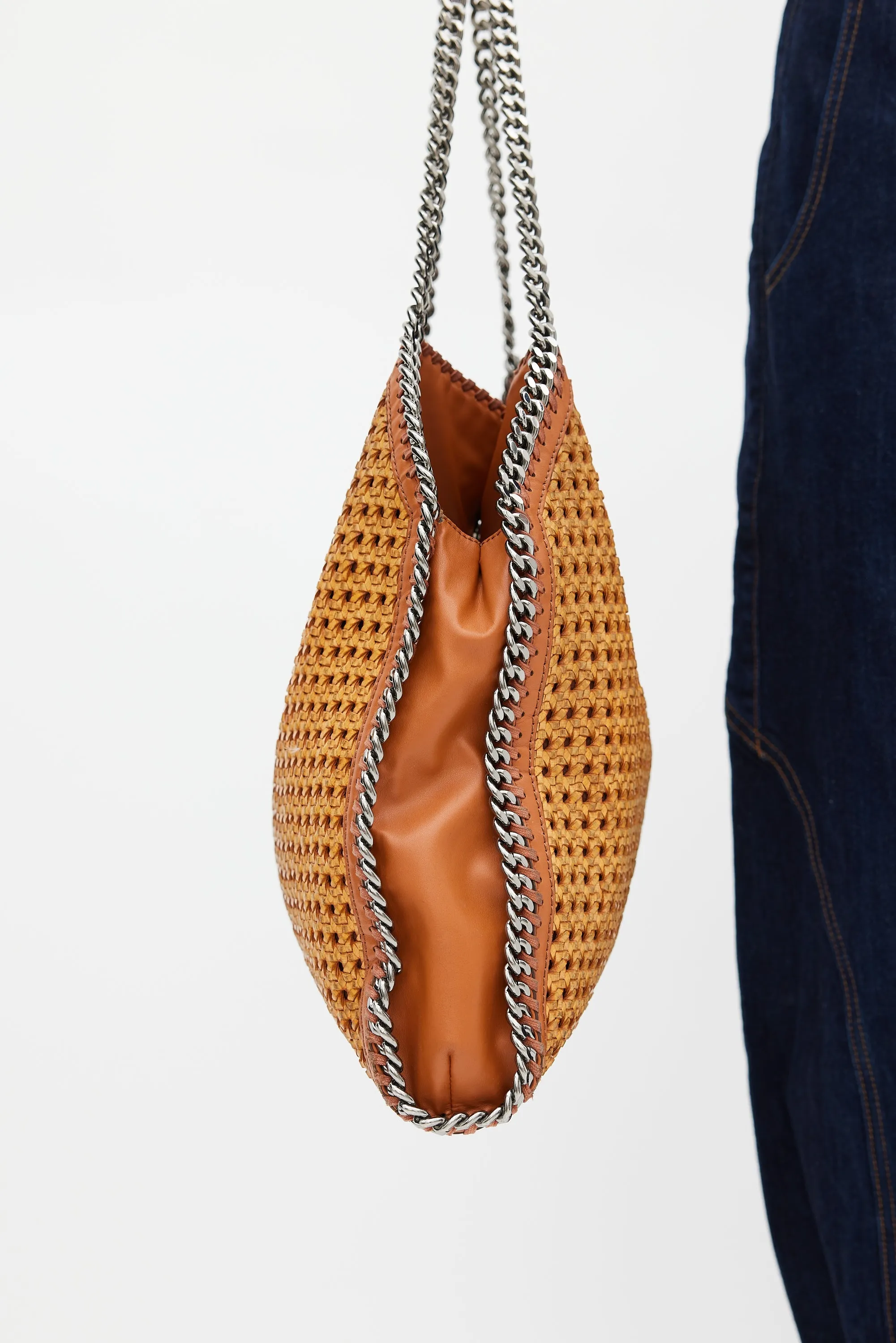 Brown Faux Leather Woven Falabella Tote Bag