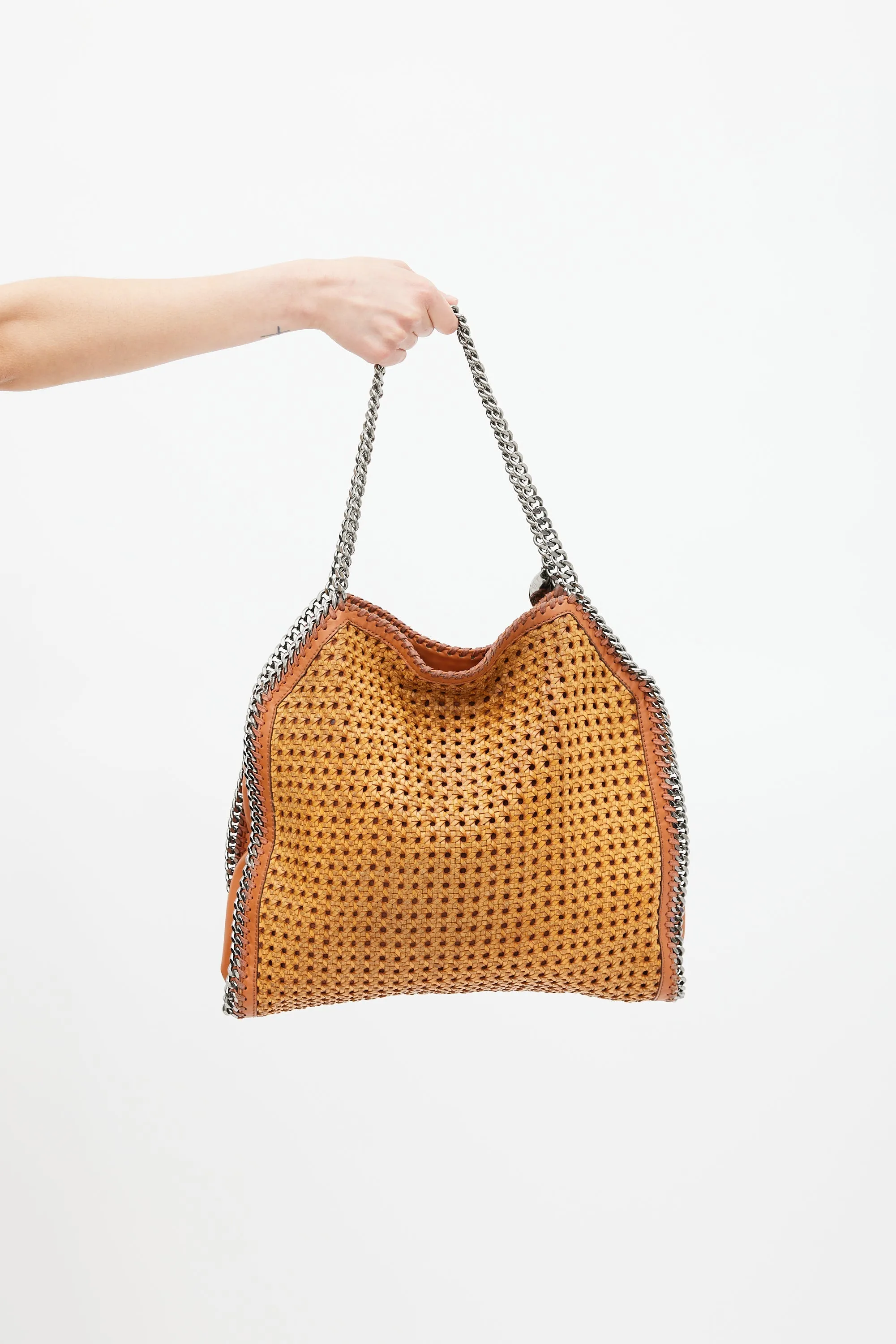 Brown Faux Leather Woven Falabella Tote Bag