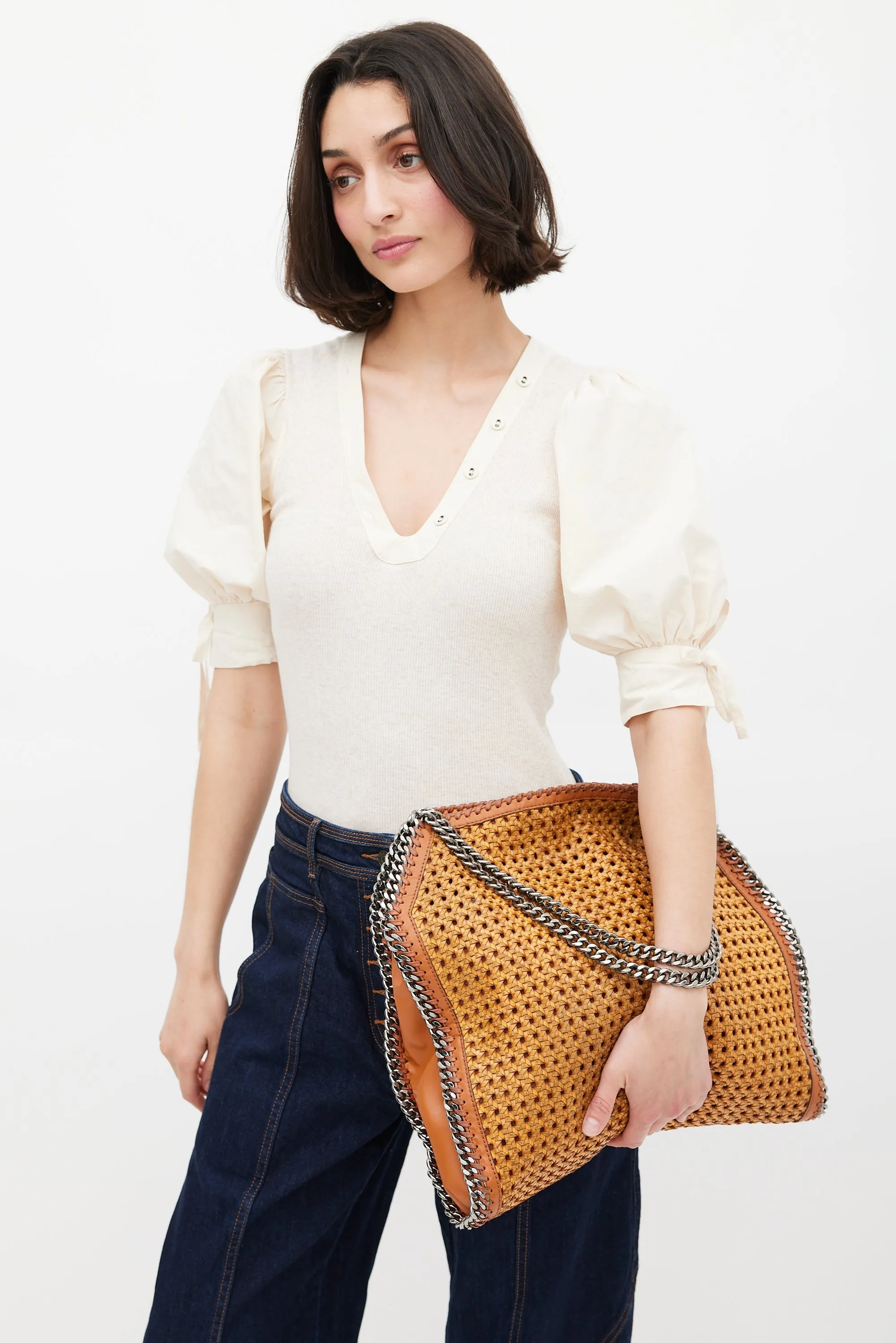 Brown Faux Leather Woven Falabella Tote Bag