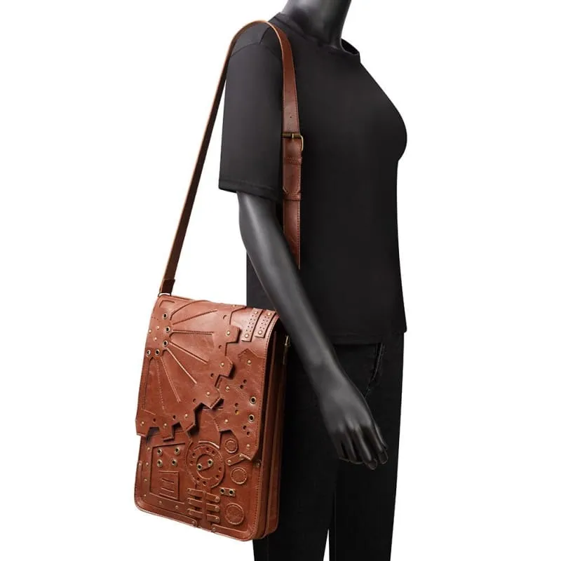 Brown Steampunk Retro Leather Shoulder Bag with Unique Embossing