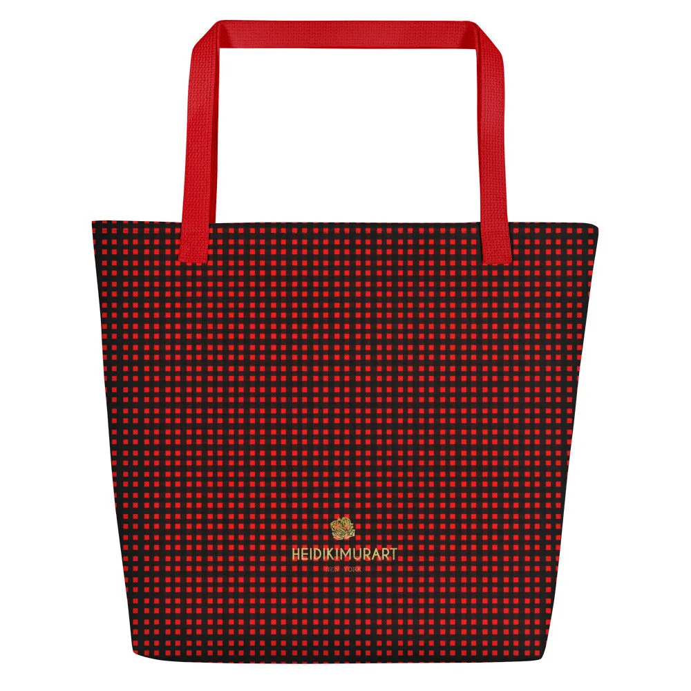 Buffalo Red Tote Bag, Plaid Print Preppy Chic Classic Designer Beach Tote Market Bag- Made in USA/EU