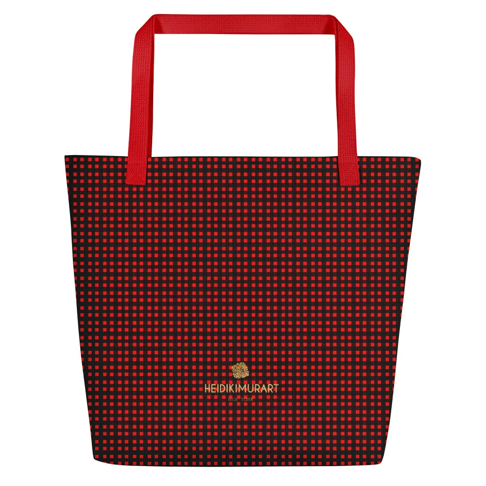 Buffalo Red Tote Bag, Plaid Print Preppy Chic Classic Designer Beach Tote Market Bag- Made in USA/EU