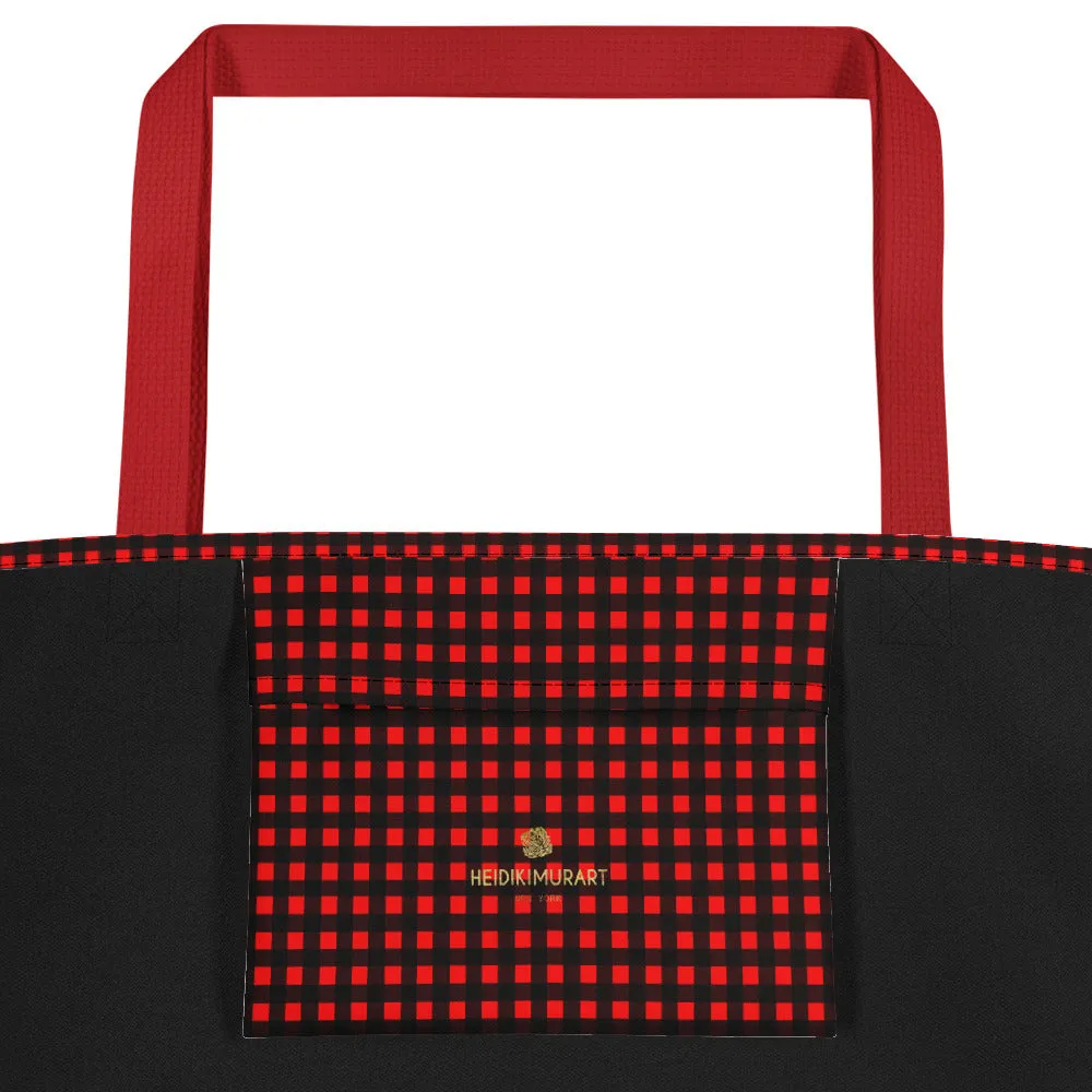 Buffalo Red Tote Bag, Plaid Print Preppy Chic Classic Designer Beach Tote Market Bag- Made in USA/EU