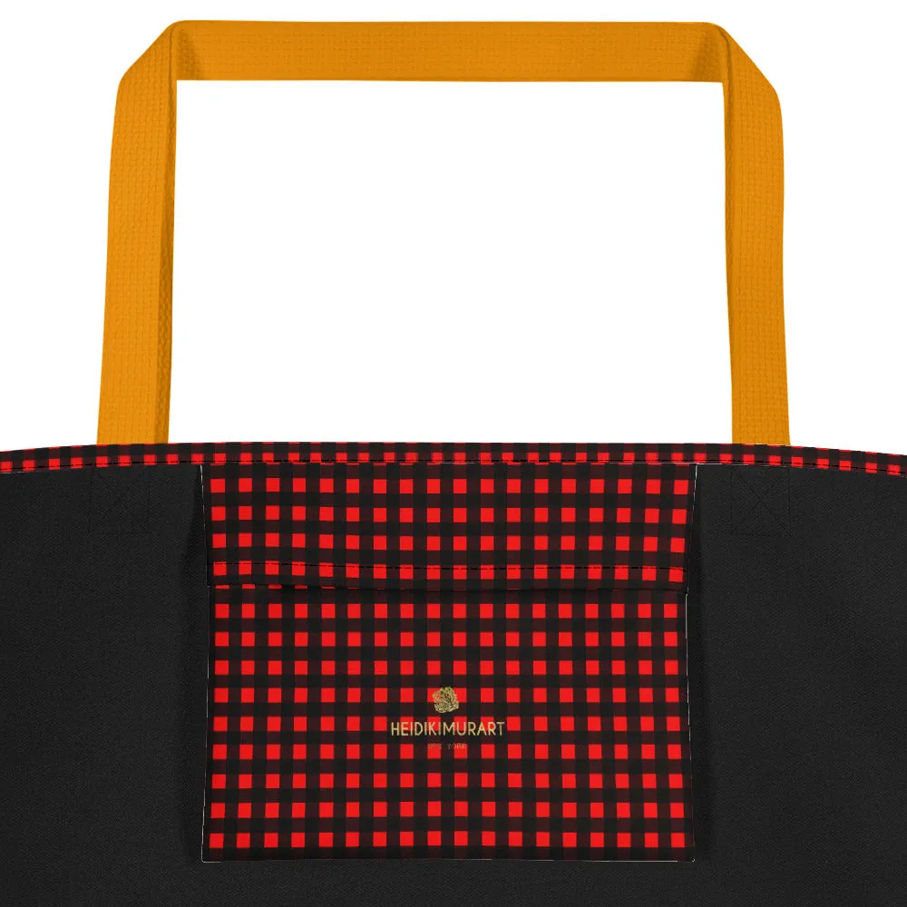 Buffalo Red Tote Bag, Plaid Print Preppy Chic Classic Designer Beach Tote Market Bag- Made in USA/EU