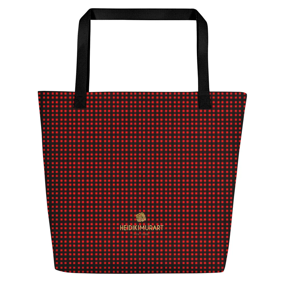 Buffalo Red Tote Bag, Plaid Print Preppy Chic Classic Designer Beach Tote Market Bag- Made in USA/EU