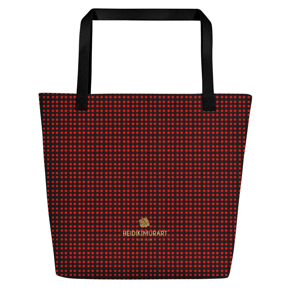 Buffalo Red Tote Bag, Plaid Print Preppy Chic Classic Designer Beach Tote Market Bag- Made in USA/EU