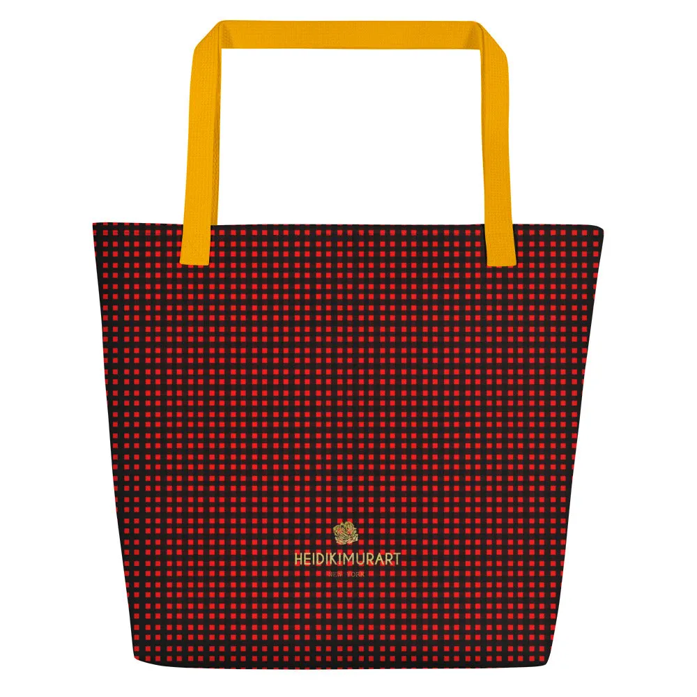 Buffalo Red Tote Bag, Plaid Print Preppy Chic Classic Designer Beach Tote Market Bag- Made in USA/EU