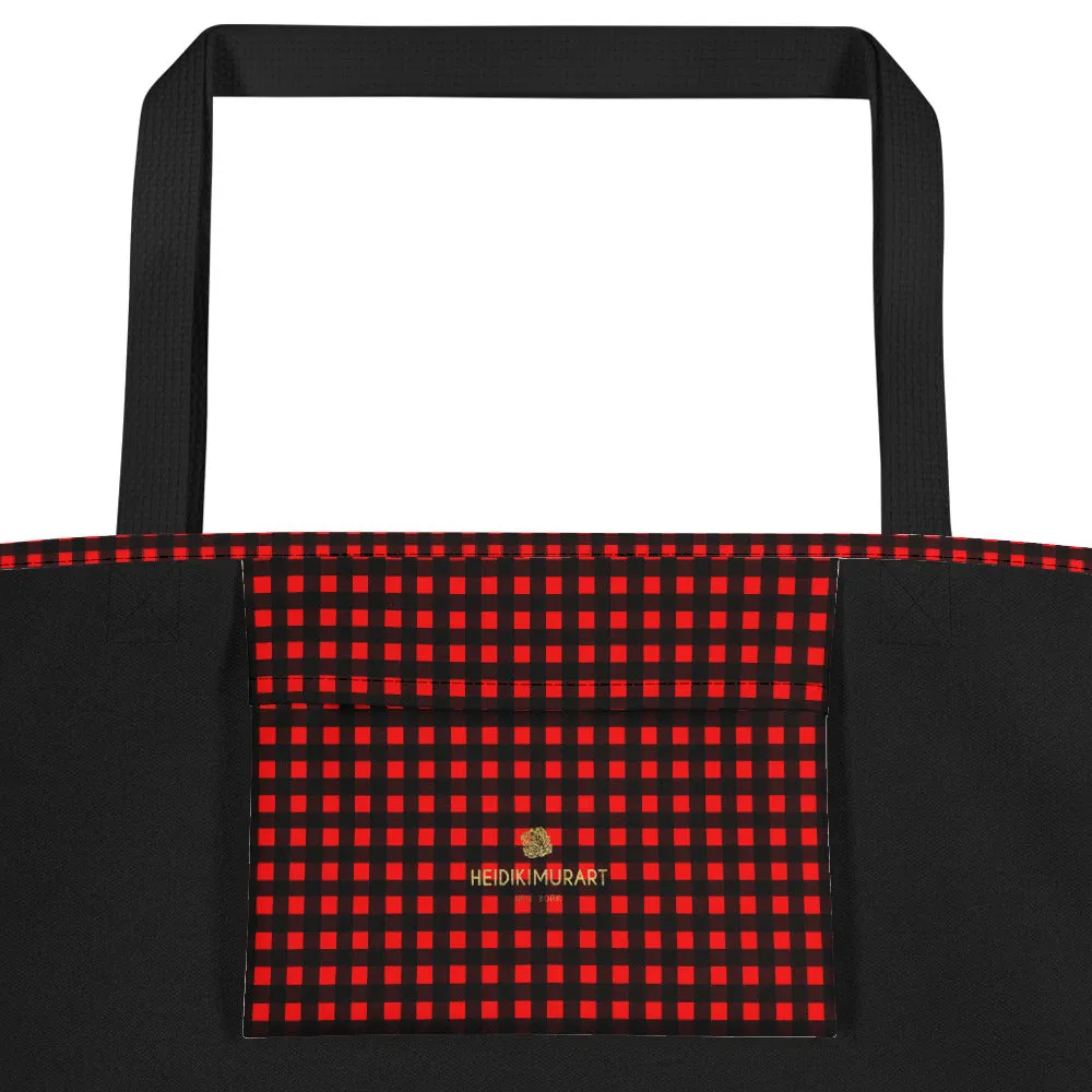 Buffalo Red Tote Bag, Plaid Print Preppy Chic Classic Designer Beach Tote Market Bag- Made in USA/EU